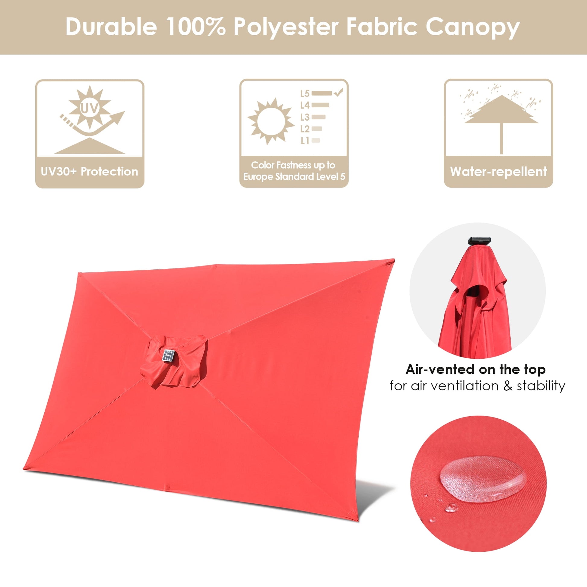 Yescom 10x6.5FT Rectangle Outdoor Solar LED Patio Umbrella with Crank Tilt for Table Market Yard Deck Pool Party Red