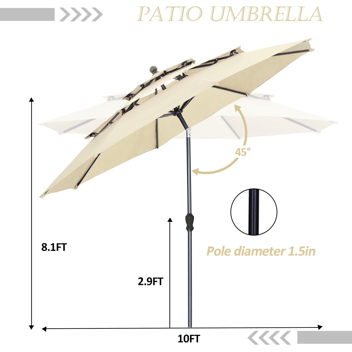 Autlaycil Patio Umbrella 10 ft Outdoor Umbrella with 3 Tiers Adjustable Outdoor Market and Crank Tilt Perfect Table Umbrella for Garden Lawn Backyard Pool, Khaki