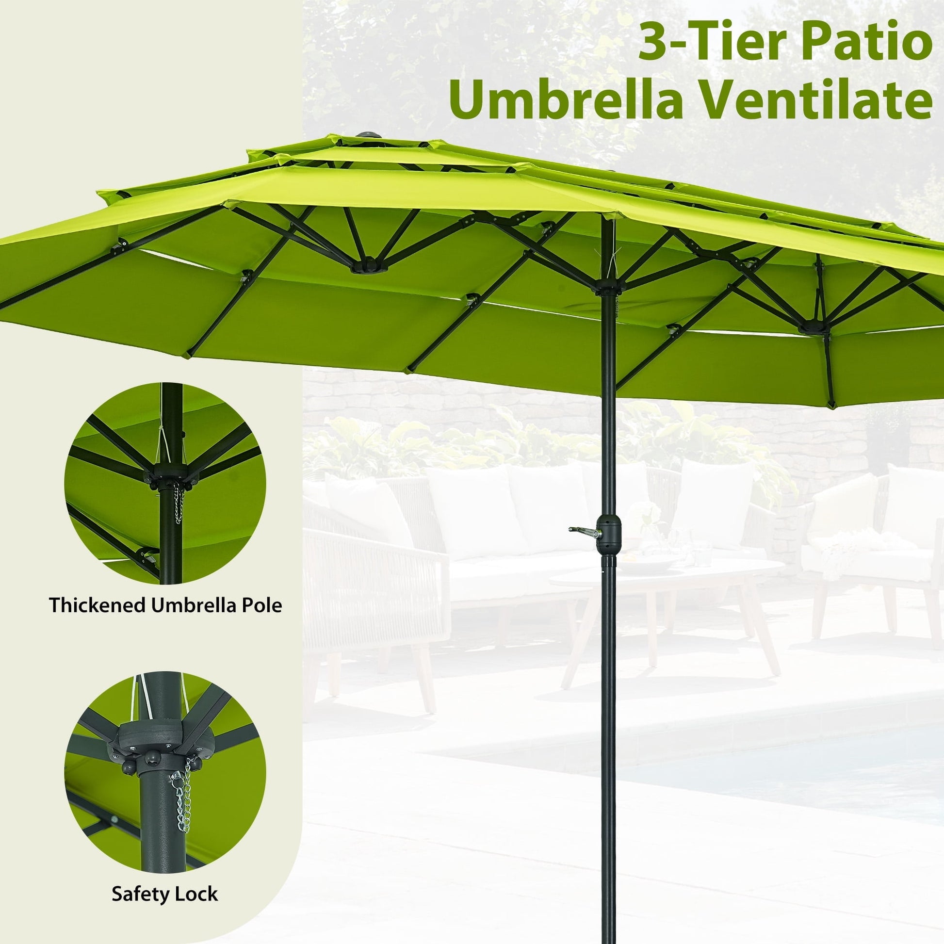 Ainfox 15ft Large Patio Umbrella, 3-Tiers Outdoor Double-Sided Rectangle Market Heavy Duty Umbrellas, Grass Green