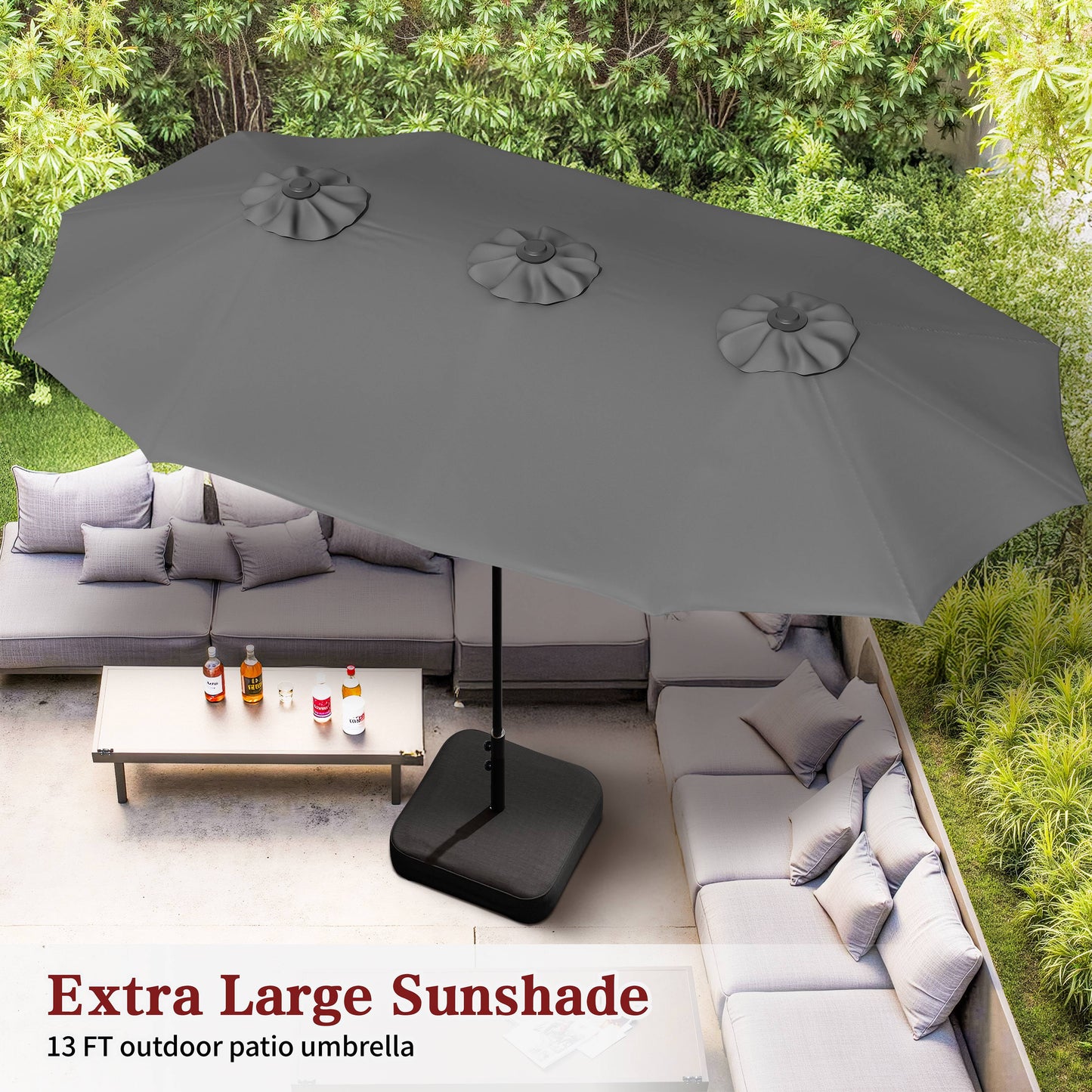 Walsunny 13 FT Outdoor Patio Umbrella with Base Included, Large Double-Sided Rectangular Umbrella with Crank Handle for Outside, Gray