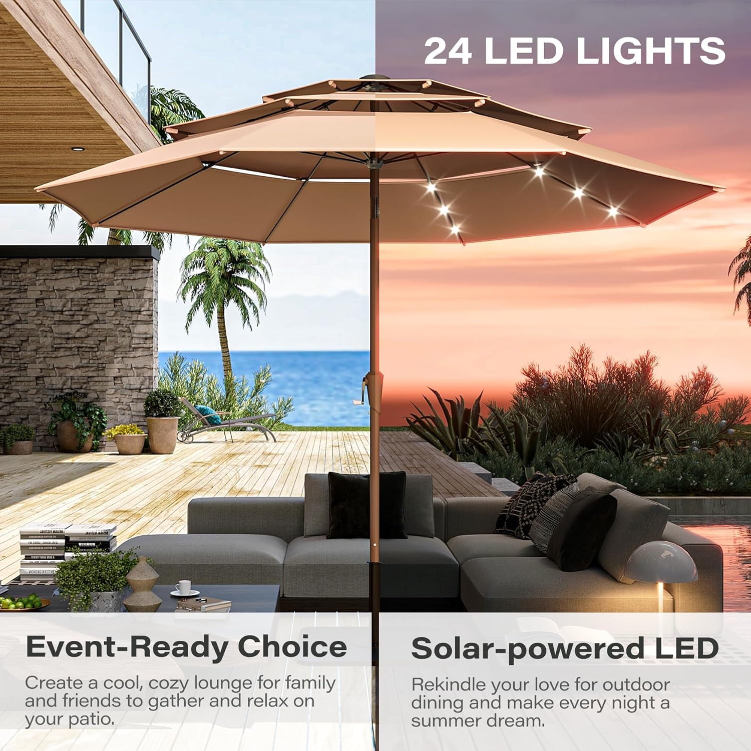 LAUSAINT HOME 10ft Patio Umbrella with Solar Lights, 3-tier Outdoor Umbrellas for Patio Pool Deck Market, Beige