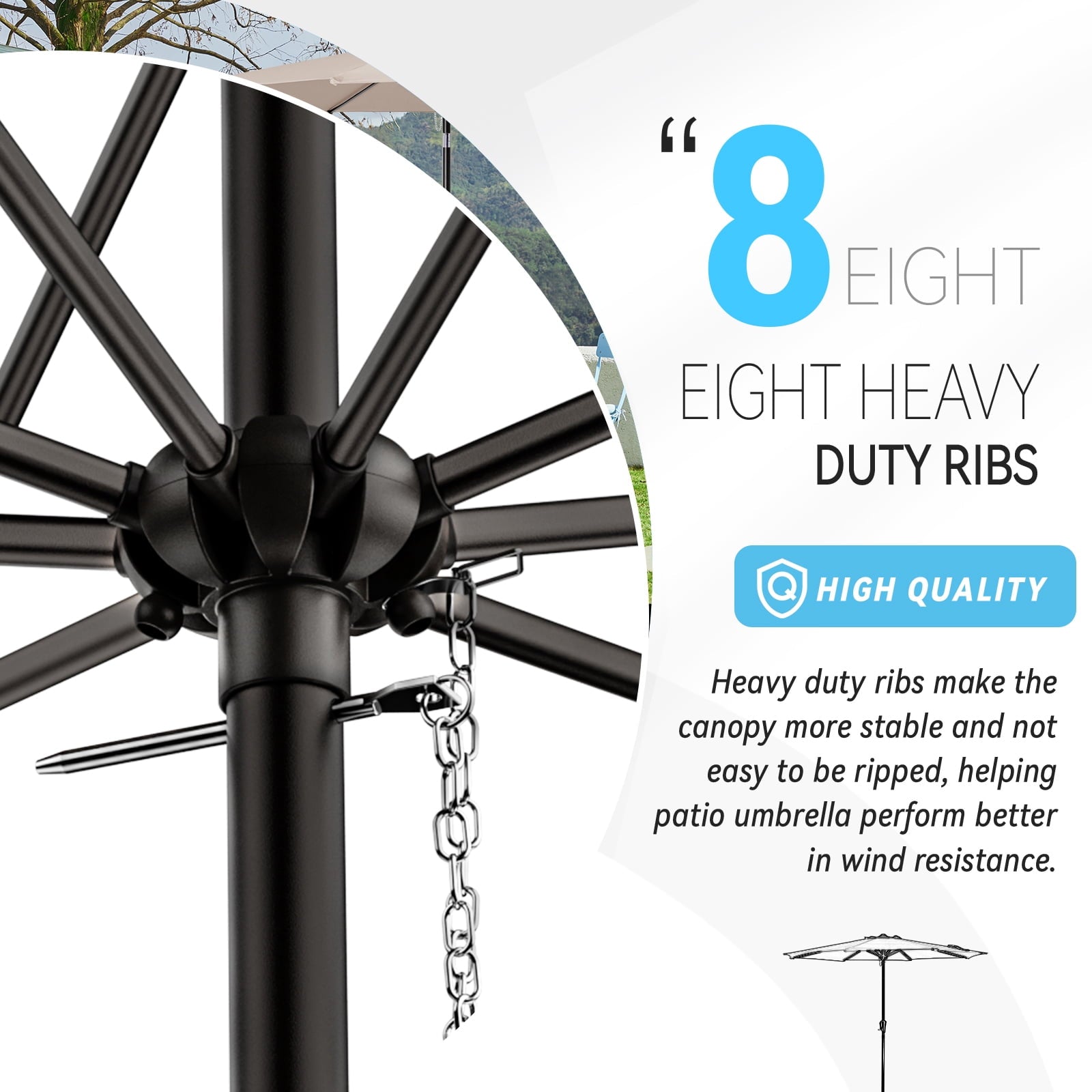 JUSTLET 9FT Outdoor Market Patio Umbrella with 8 Reinforced Steel Ribs, Crank Lift, Push Button Tilt, UV-Resistant, Windproof & Waterproof – Beige