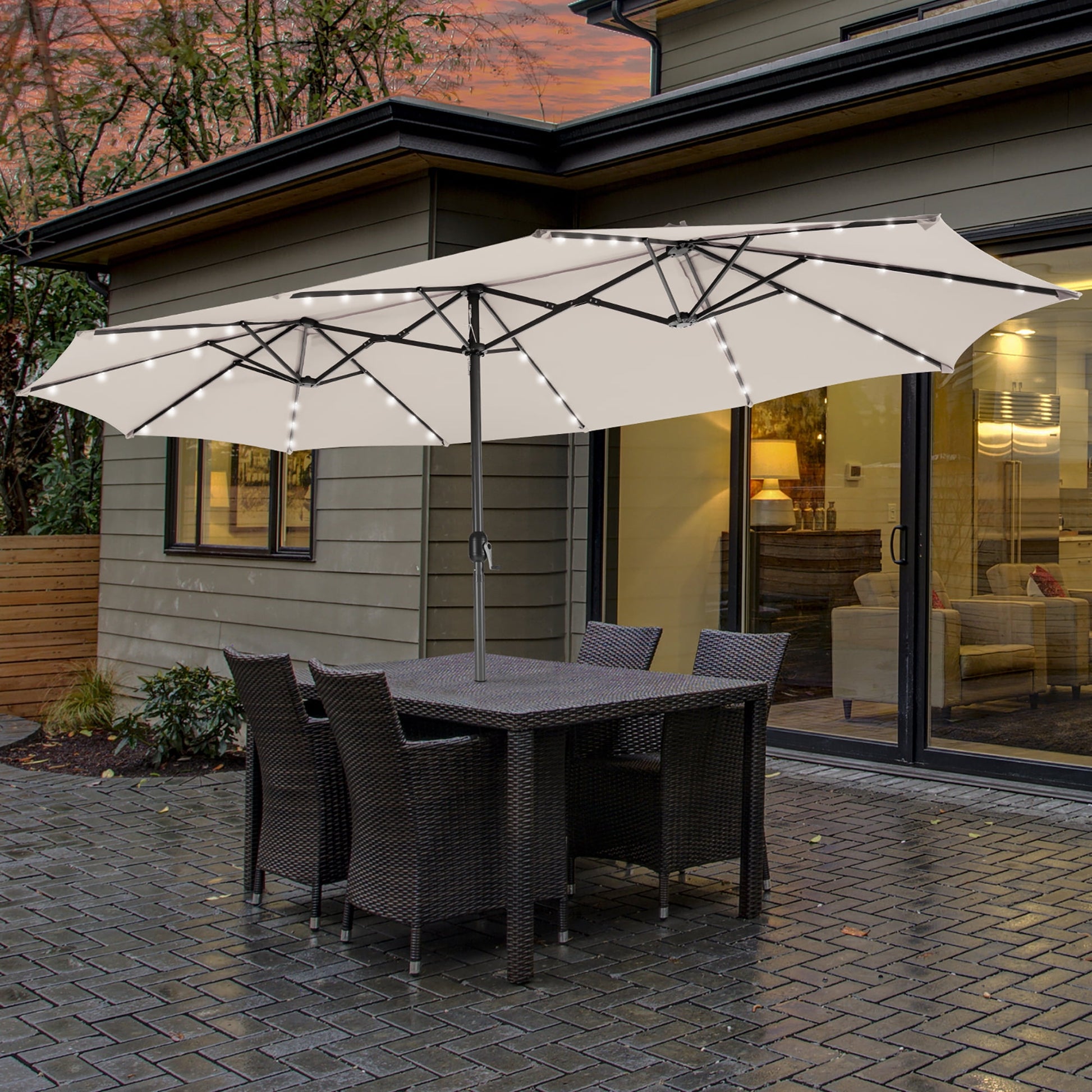Costway 15FT Twin Patio Double-Sided Umbrella 48 Solar LED Lights Crank Outdoor Beige