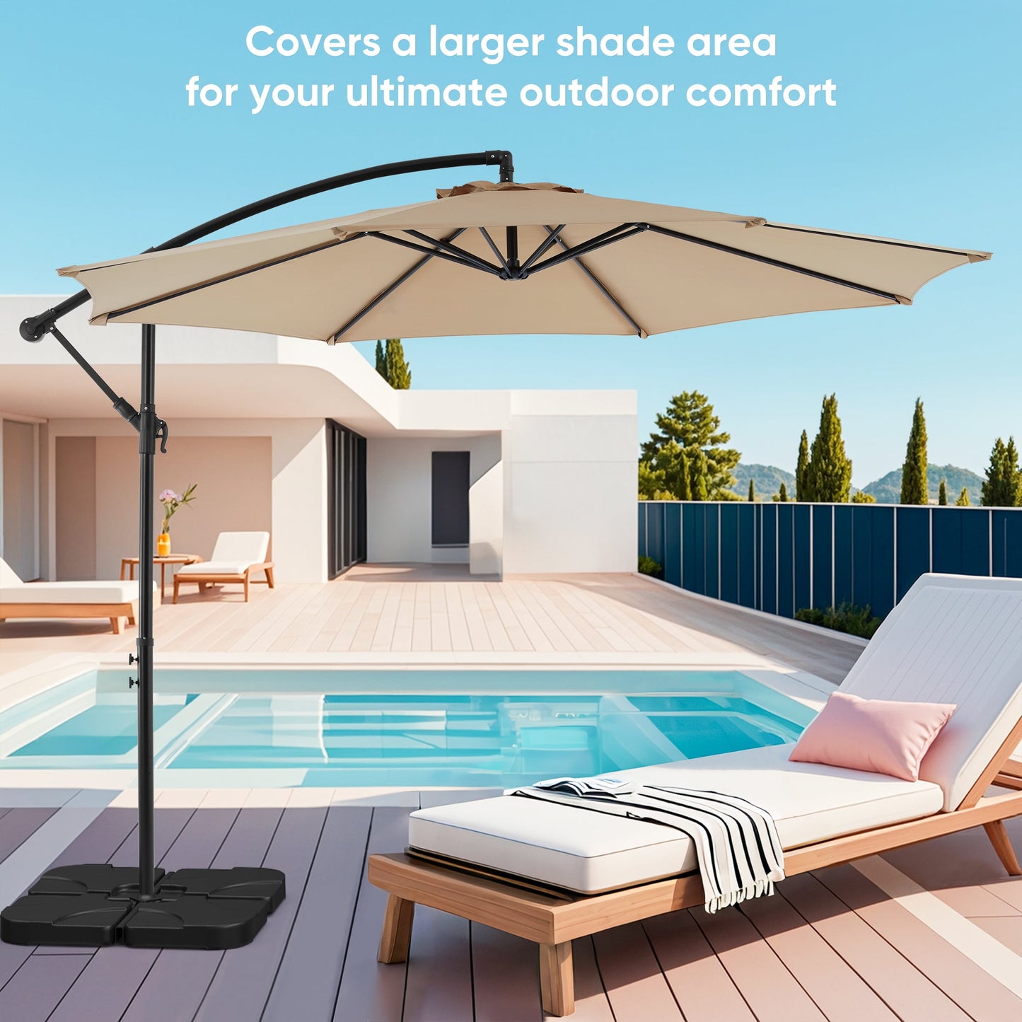 edx 10FT Offset Hanging Patio Umbrella Outdoor with Push Button Tilt & Self-Locking, Polyester Shade, 8 Sturdy Ribs, Khaki