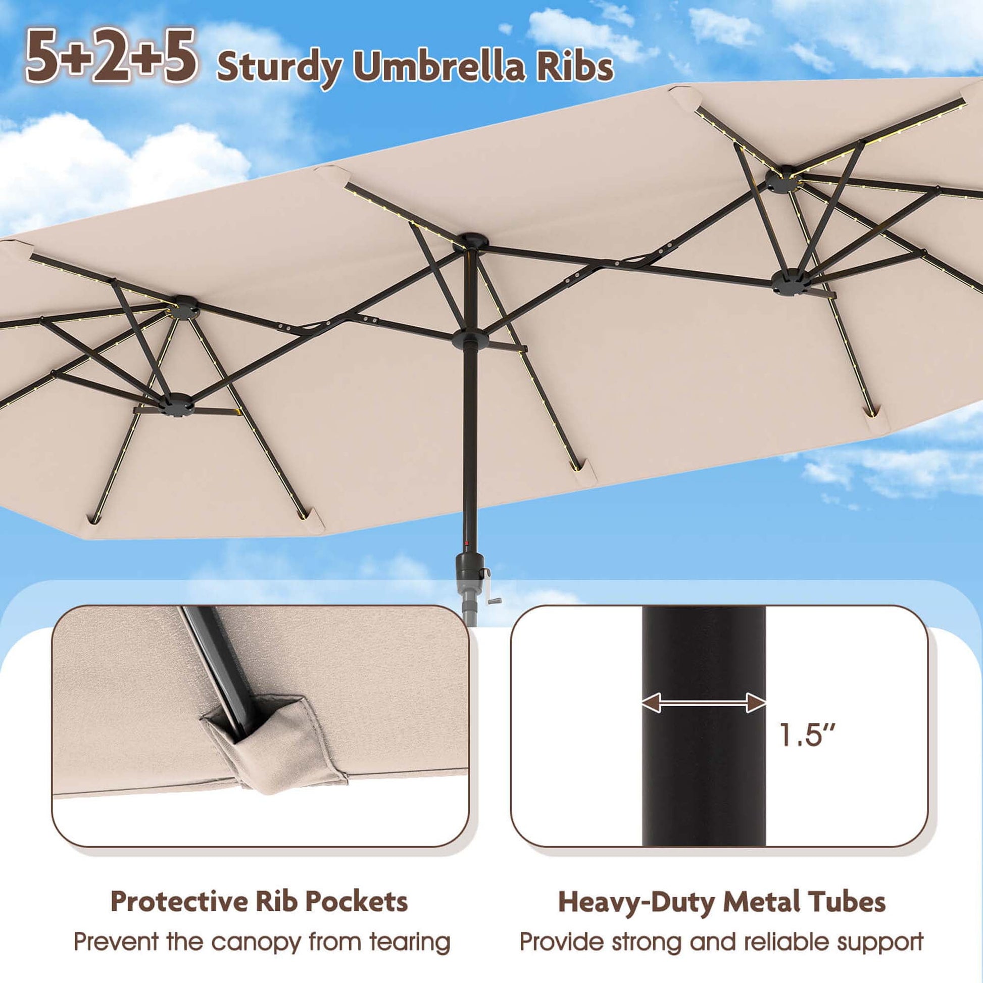 Costway 13 FT Large Patio Umbrella with LED Solar Lights Crank Handle 12 Heavy-Duty Ribs Beige