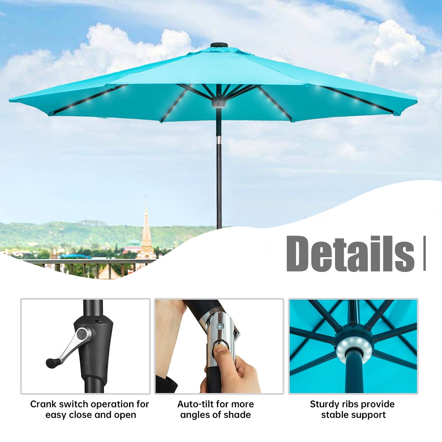 Ainfox 10ft Patio Umbrella Outdoor Solar Powered with 40 LED Lights,One Center Light and 8 Sturdy Ribs Without Base(Bule)