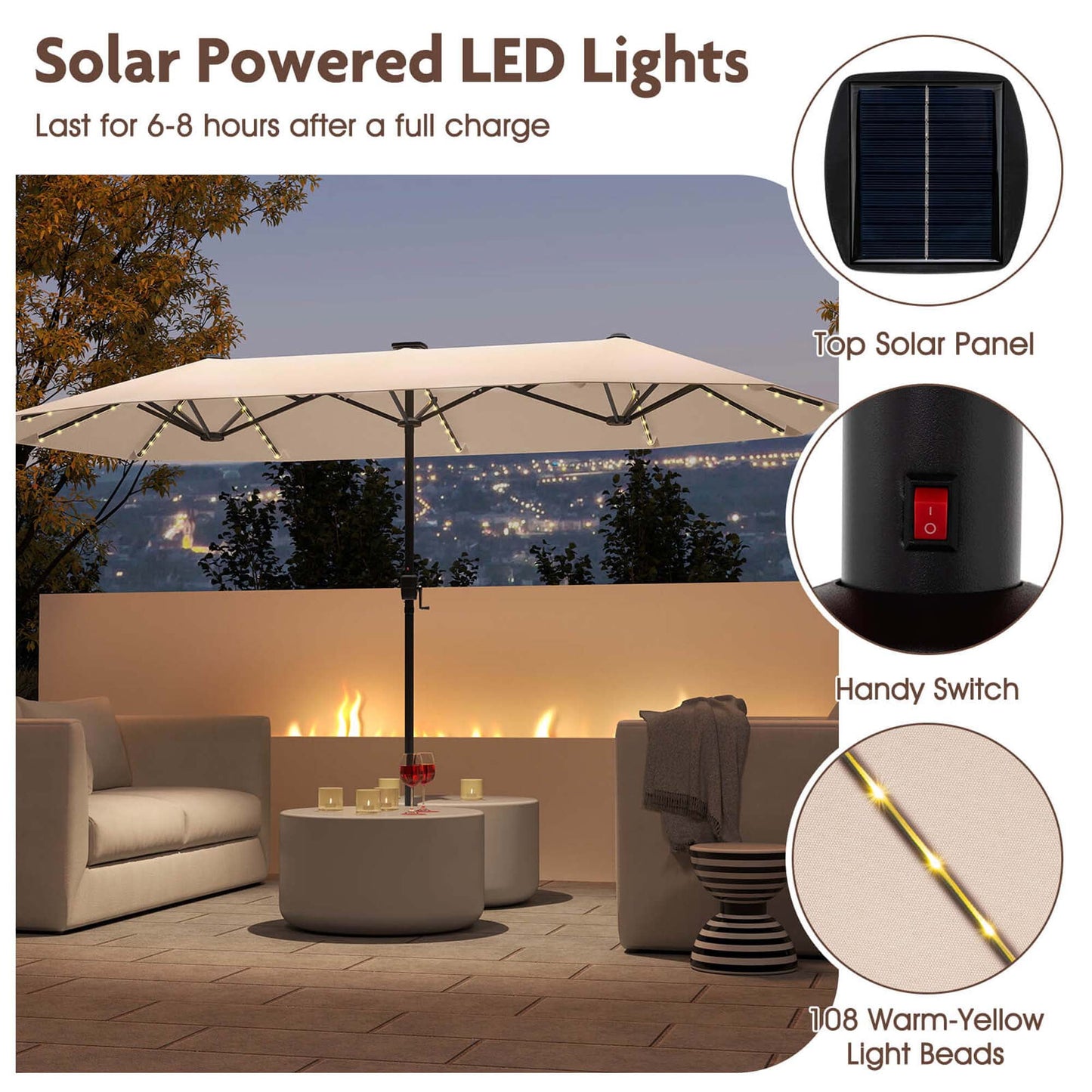 Costway 13 FT Large Patio Umbrella with LED Solar Lights Crank Handle 12 Heavy-Duty Ribs Beige