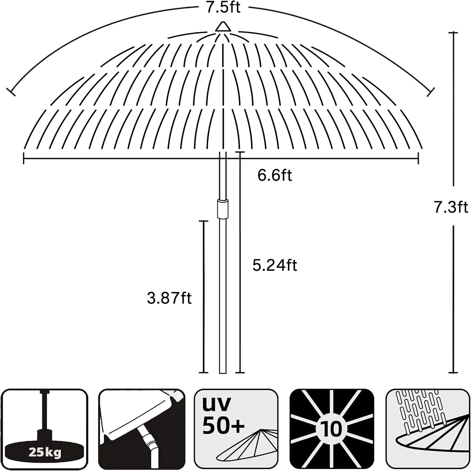 AMMSUN 7.5ft Hula Thatched Hawaiian Tiki Straw Outdoor Umbrella for Pool Patio Beach UPF50+,Brown
