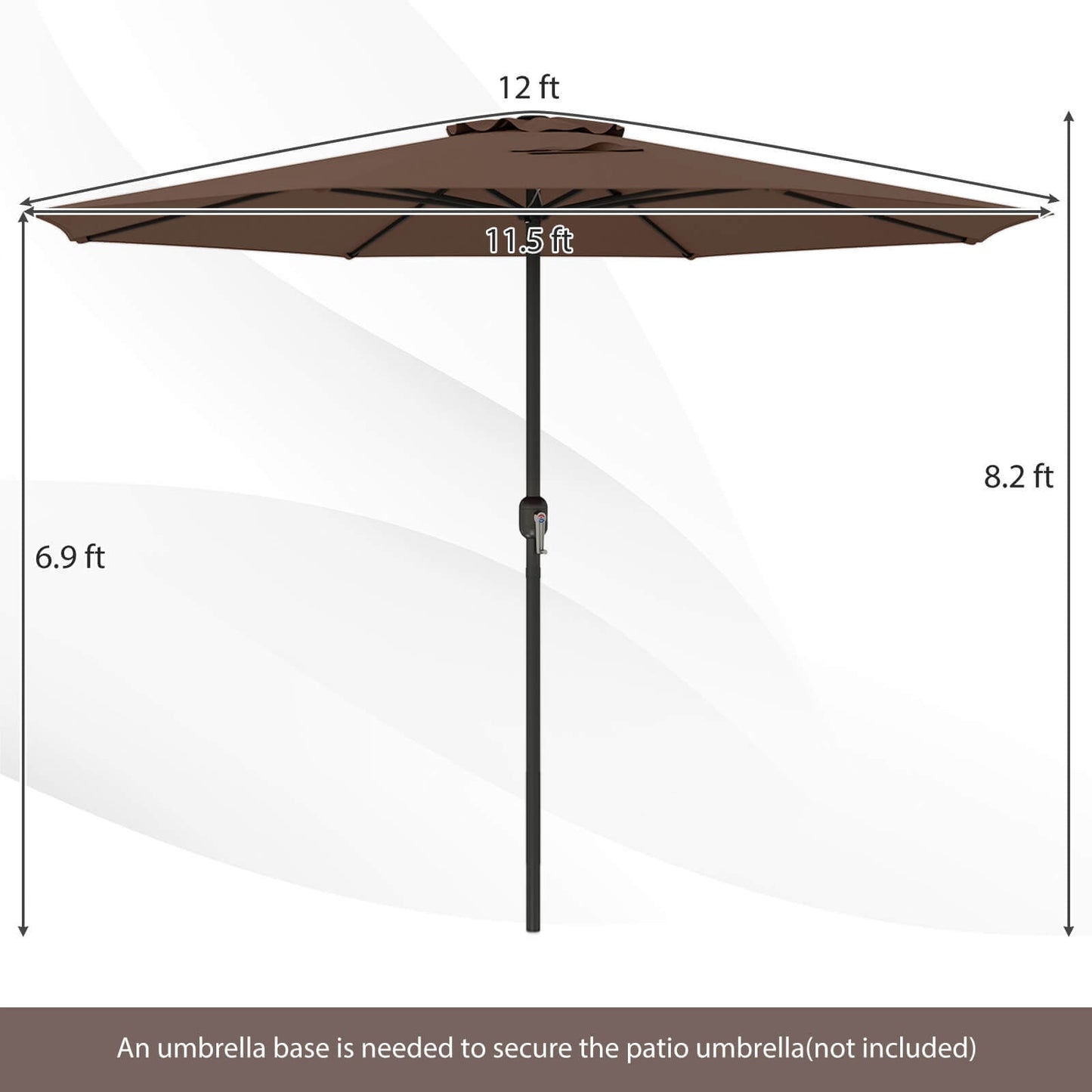 Costway 12 FT Patio Umbrella Outdoor Market Umbrella with Crank Handle 8 Sturdy Ribs Coffee