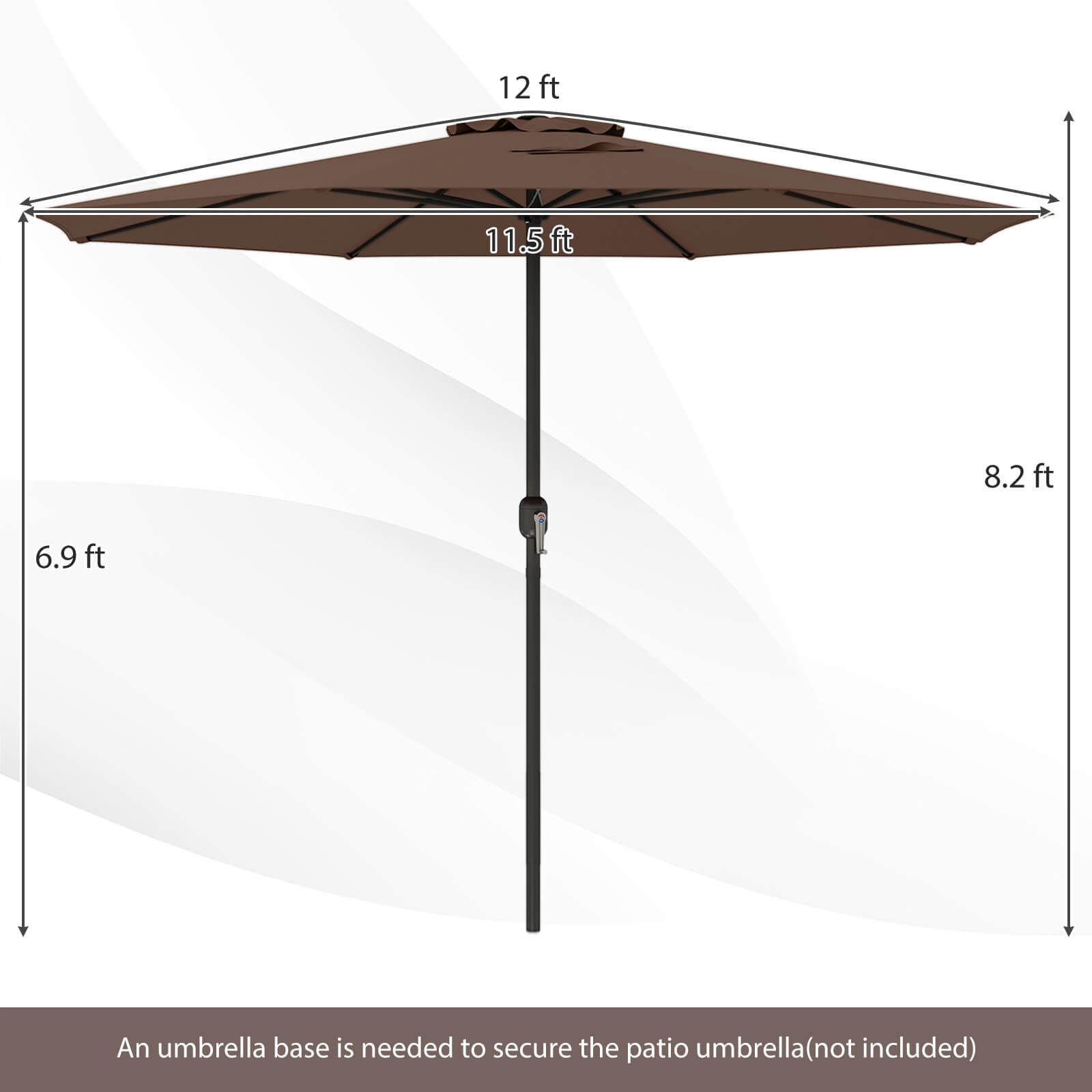 Costway 12 FT Patio Umbrella Outdoor Market Umbrella with Crank Handle 8 Sturdy Ribs Coffee