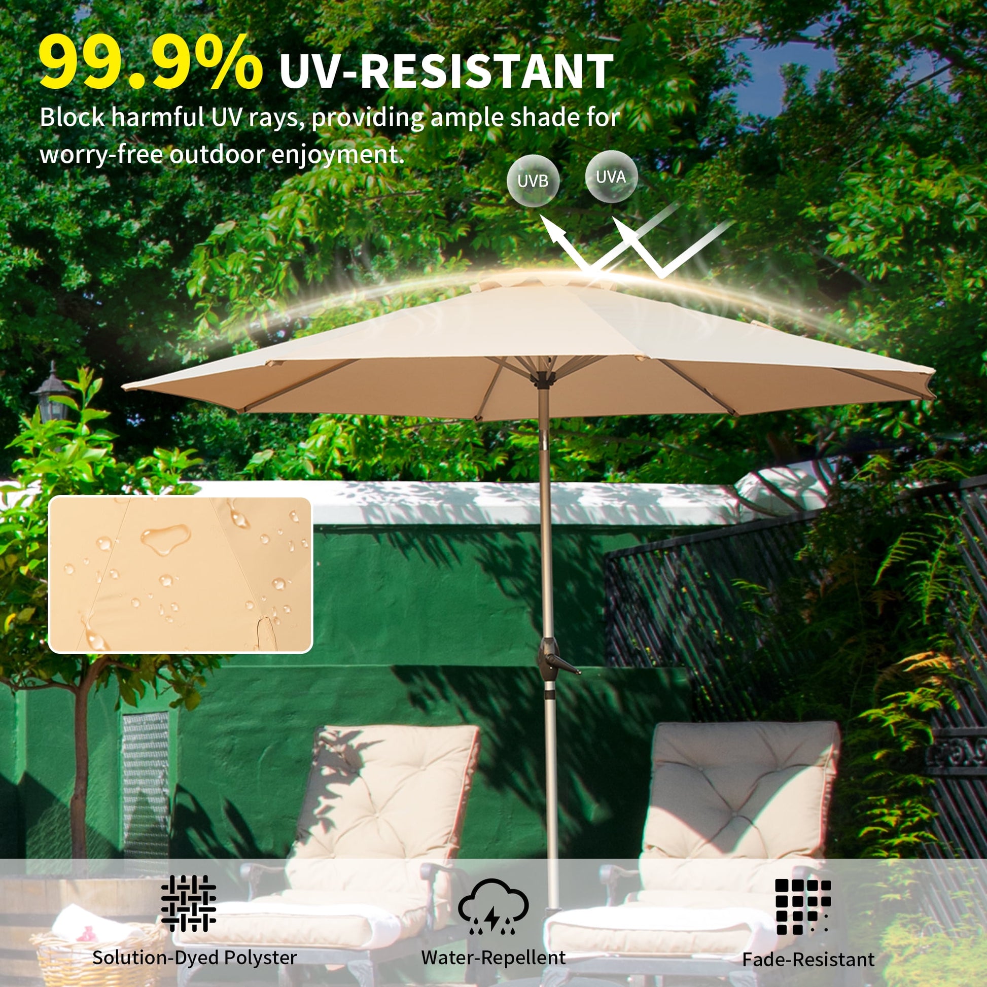 Domi 10FT Patio Umbrella, Outdoor Table Umbrella with Push Button Tilt and Crank, UV Protection Waterproof Market Sun Umbrella with 8 Sturdy Ribs for Garden, Deck, Backyard, Pool，（Beige）