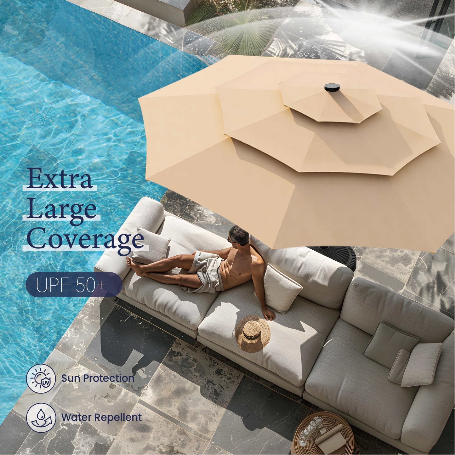 Summit Living 10ft Patio Umbrella with Solar Lights 3-Tier Vented Outdoor Market Umbrella with Auto-Tilt – Beige