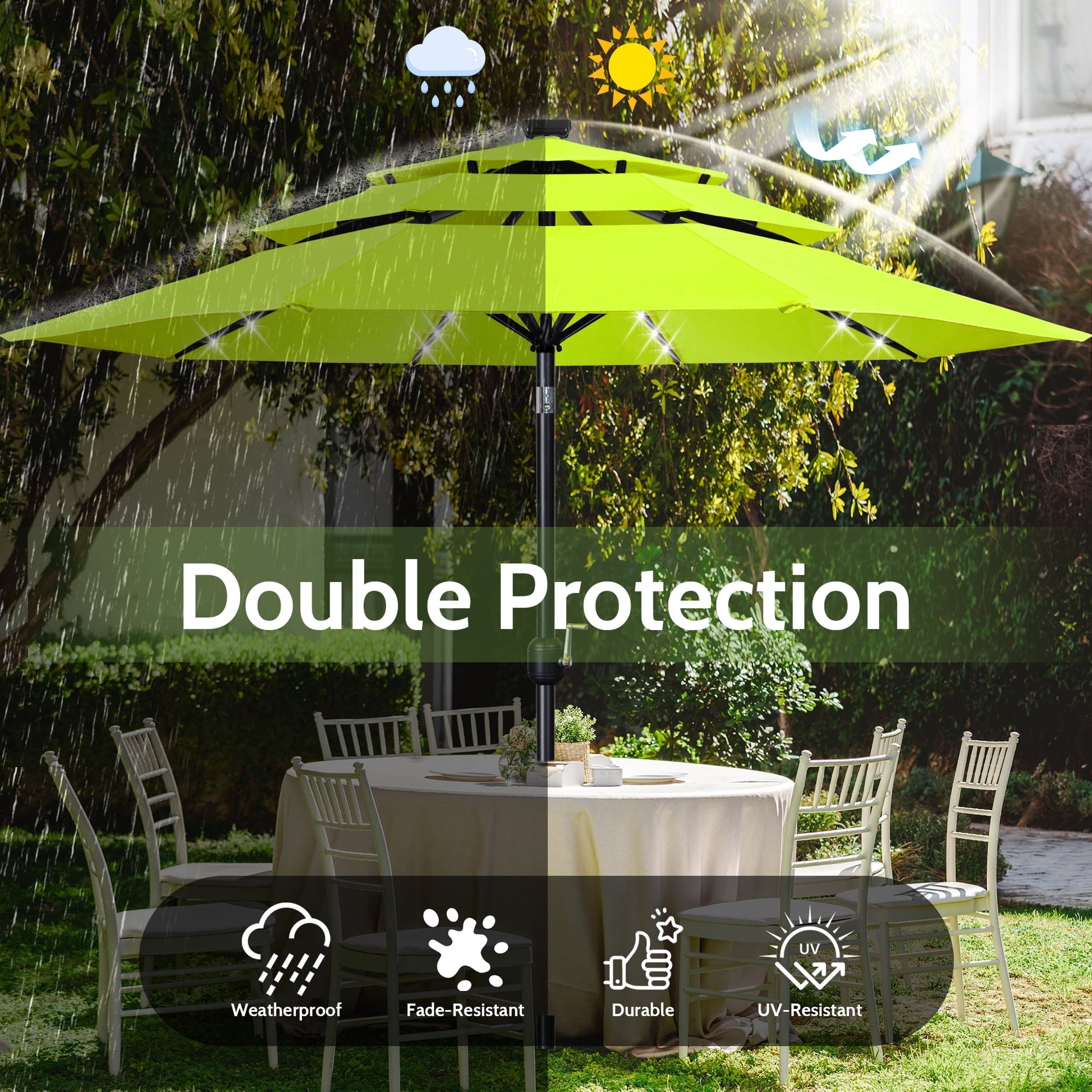 Scafild | 10ft Outdoor Patio Umbrellas with Solar Lights, 3 Tier Vented Large Market Table Umbrella with 8 Sturdy Ribs & 1.5" Pole UV Protection for Garden Deck Backyard Pool - Apply Green
