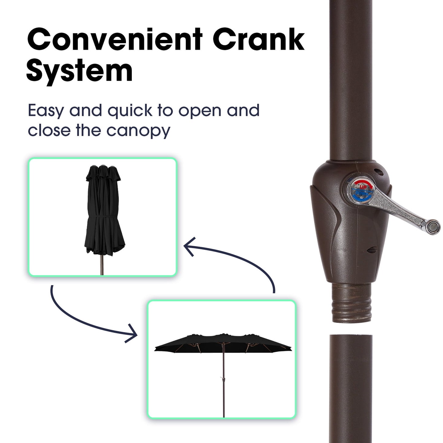 JUSTLET 15ft Rectangular Outdoor Patio Umbrella Double-Sided Twin Large Patio Umbrella with Crank，Black