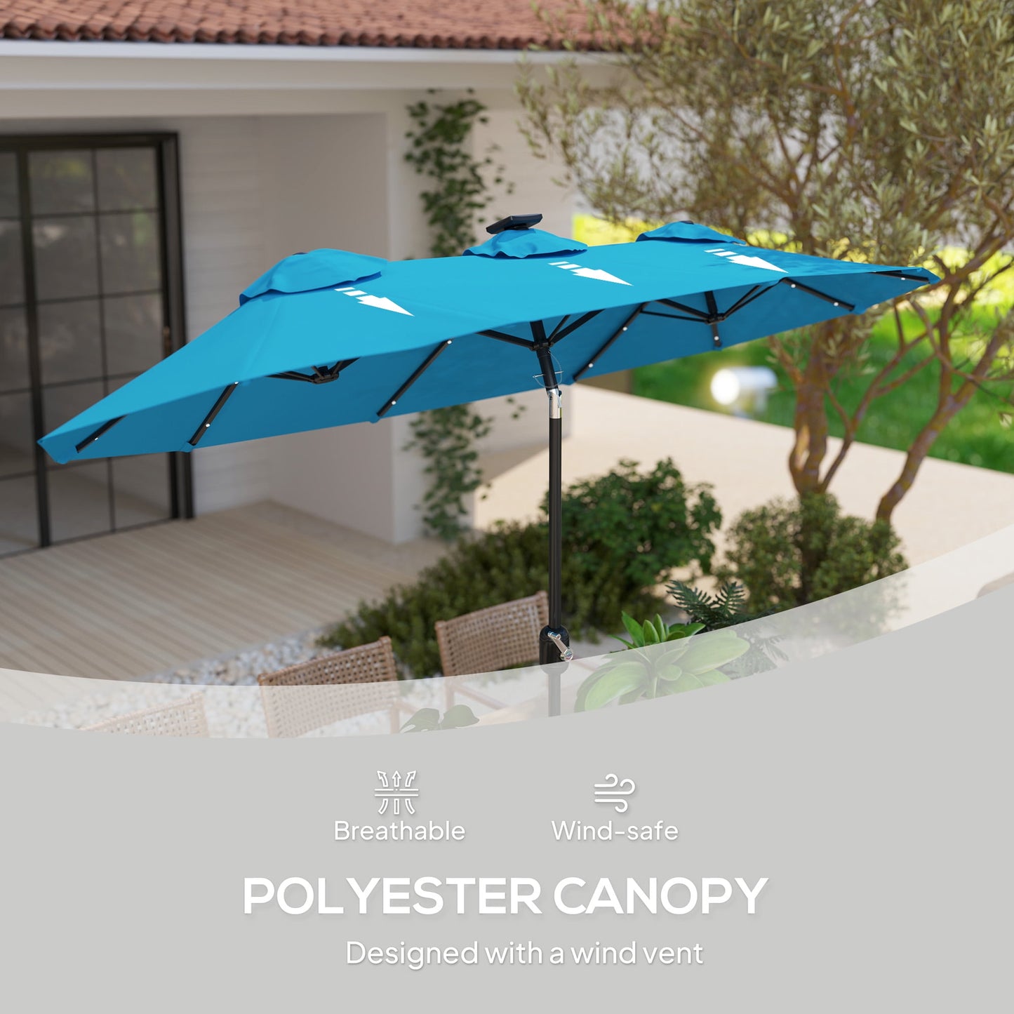 Outsunny 9.7' Double-sided Patio Umbrella with LED Solar Light, Tilt and Crank, Outdoor Umbrella, Light Blue