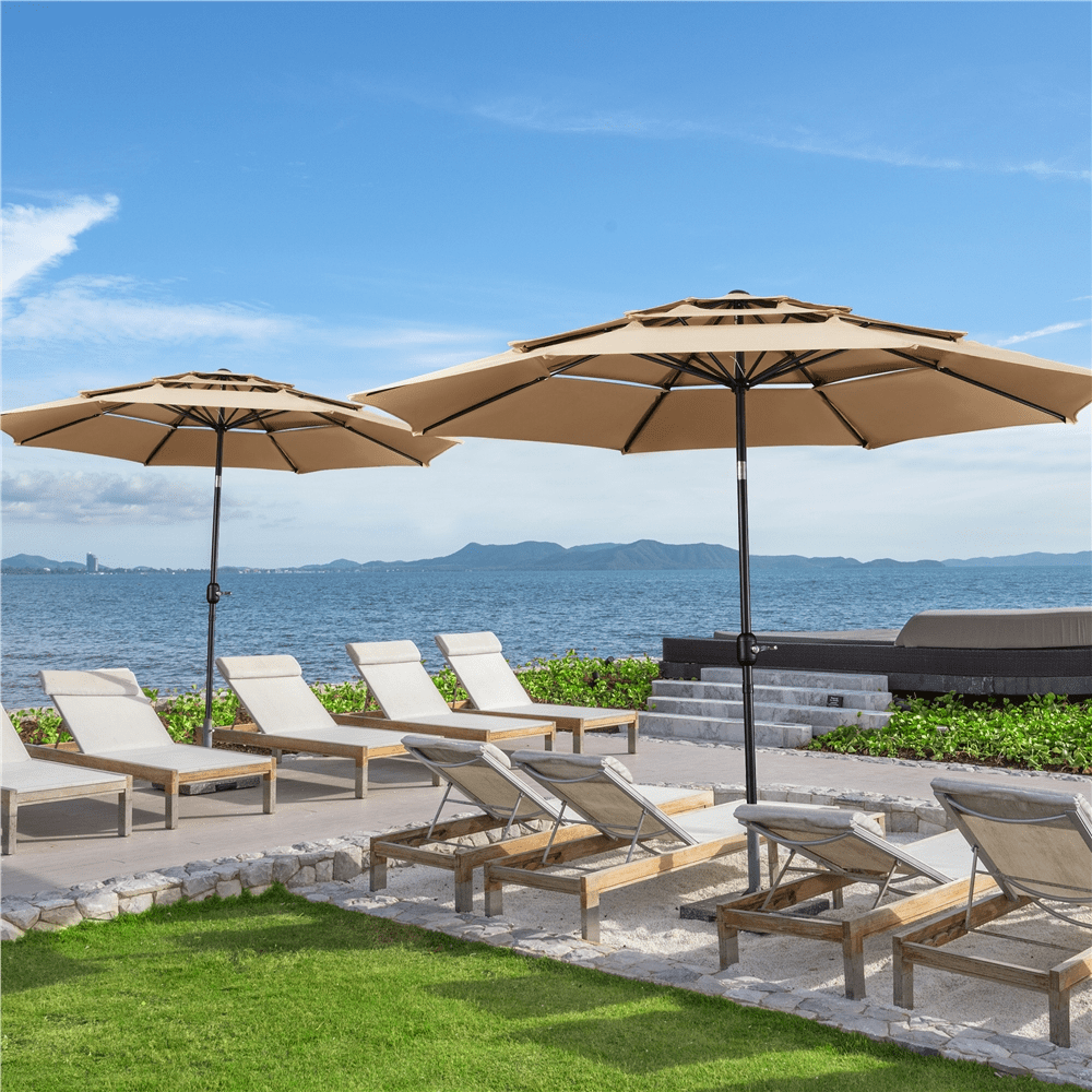 Topeakmart 10ft 3 Tier Patio Umbrella Outdoor Vented Table Umbrella with 8 Sturdy Ribs, Tan