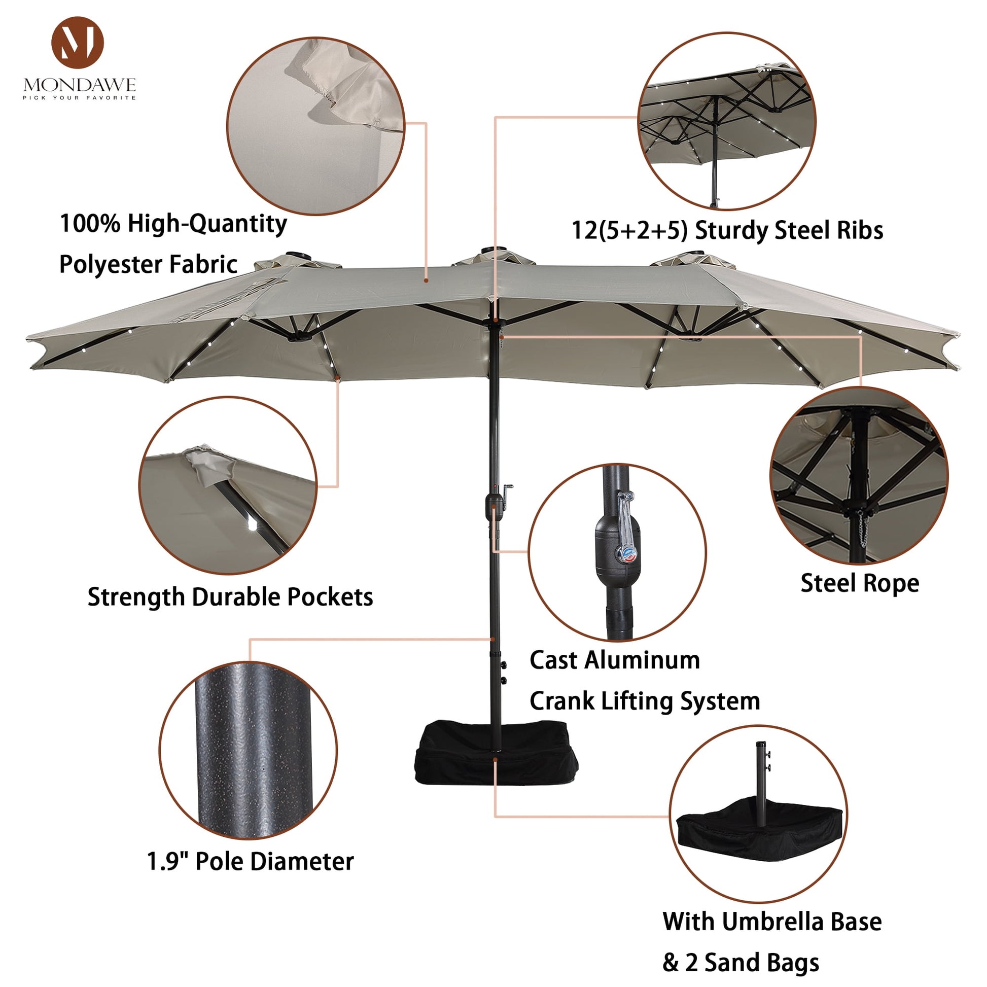 15ft Large Patio Umbrella with Solar Lights, Double-Sided Outdoor Market Rectangle Beach Umbrellas with 36 LED Lights, Umbrella Base (Stand) Included