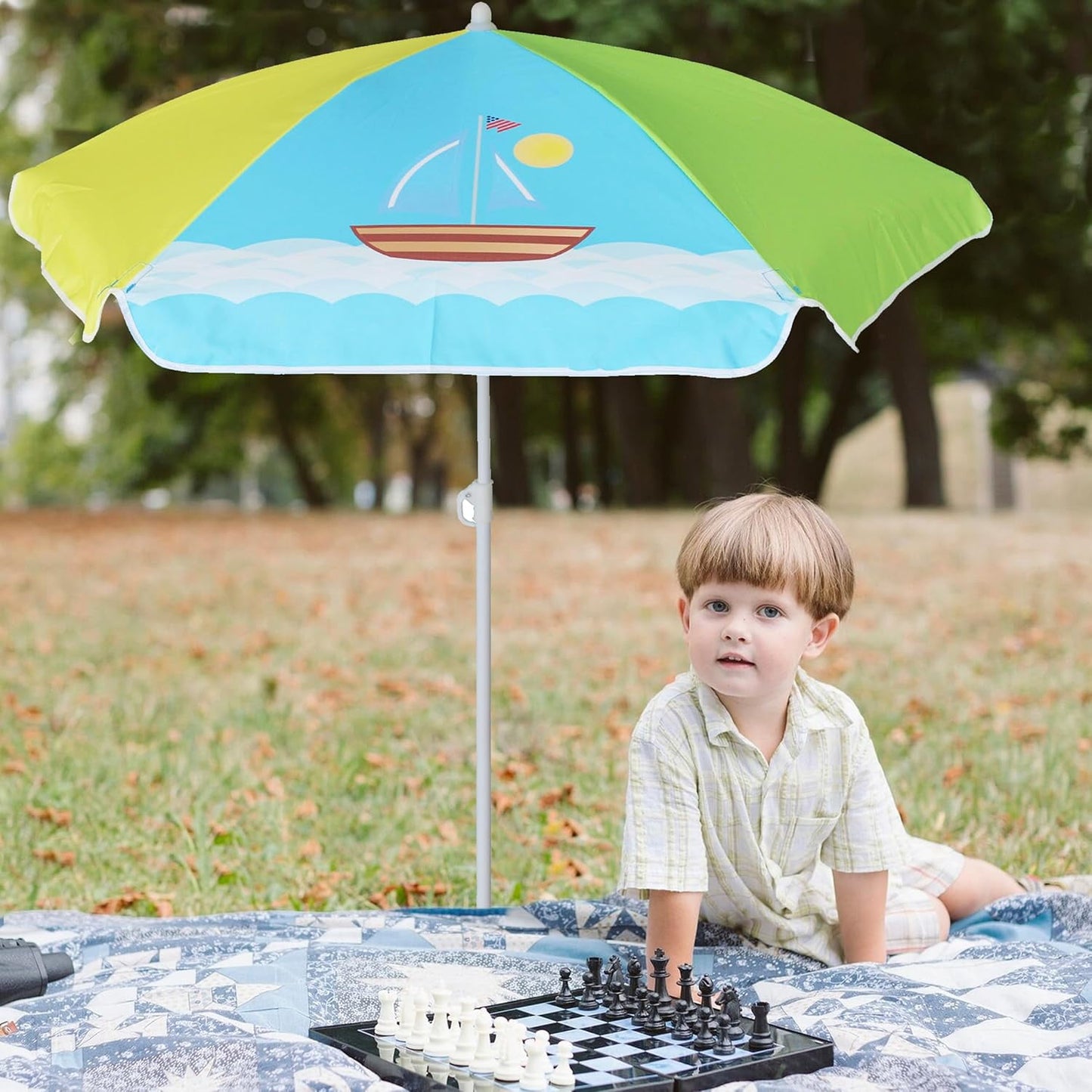 AMMSUN 5ft Seaside Kids Umbrella UPF50+ for Children Sand Water Table Outdoor Play,Boat/Green