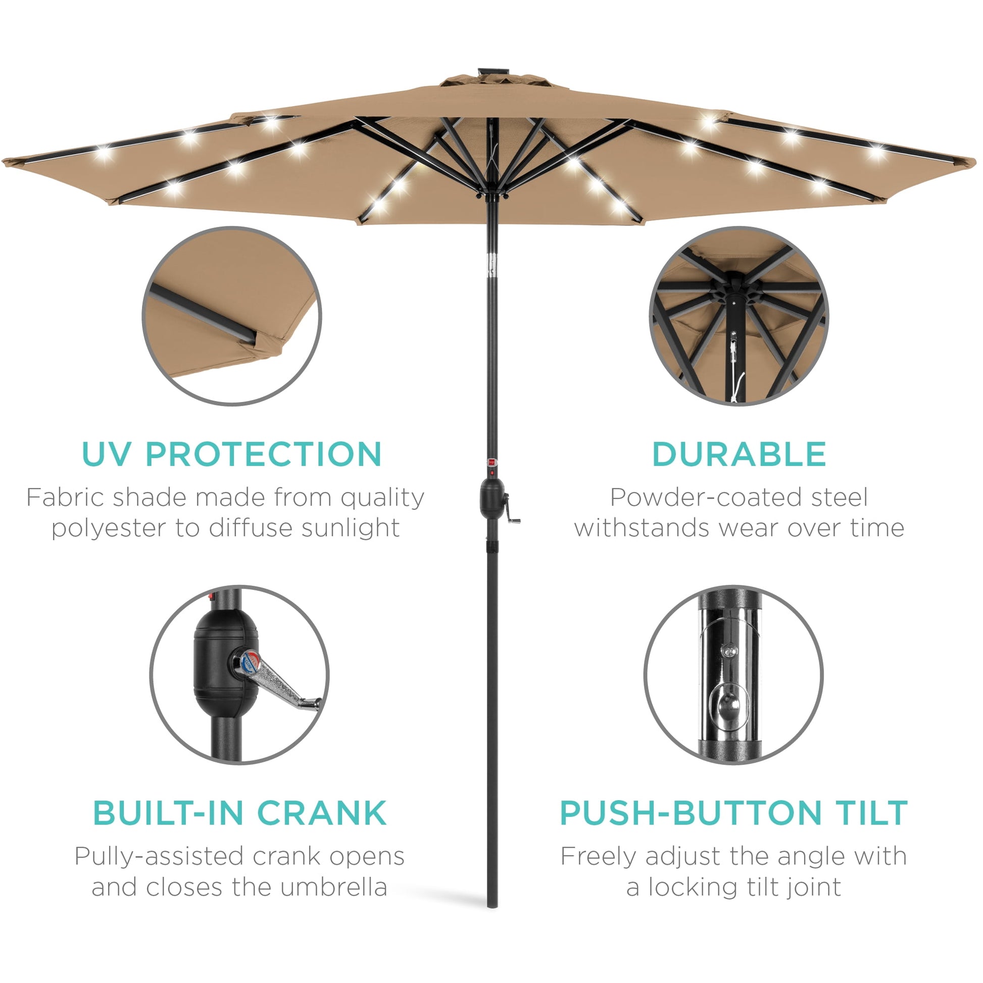 Best Choice Products 10ft Solar LED Lighted Patio Umbrella w/ Tilt Adjustment, UV-Resistant Fabric - Tan