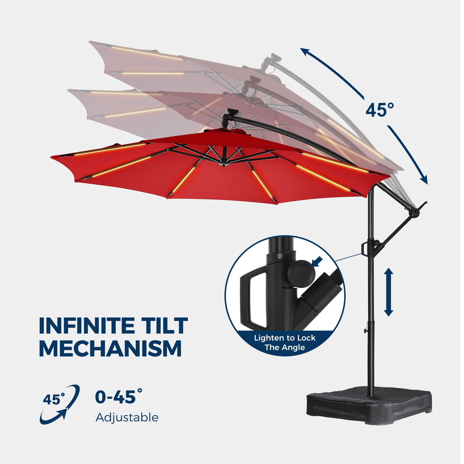 10ft Patio Umbrella Offset with Solar Light and Base,Offset Hanging Patio Outdoor Market Umbrella with Easy Tilt and Crank,for Yard,Garden,Home,Pool & Deck,Red