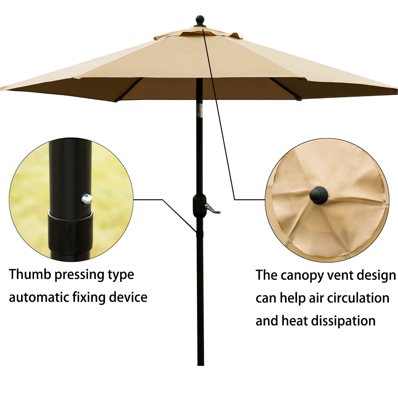 Bibana 7.5ft Outdoor Patio Umbrella Market Umbrella Table Umbrella with 6 Ribs, Push Button Tilt/Crank - Tan