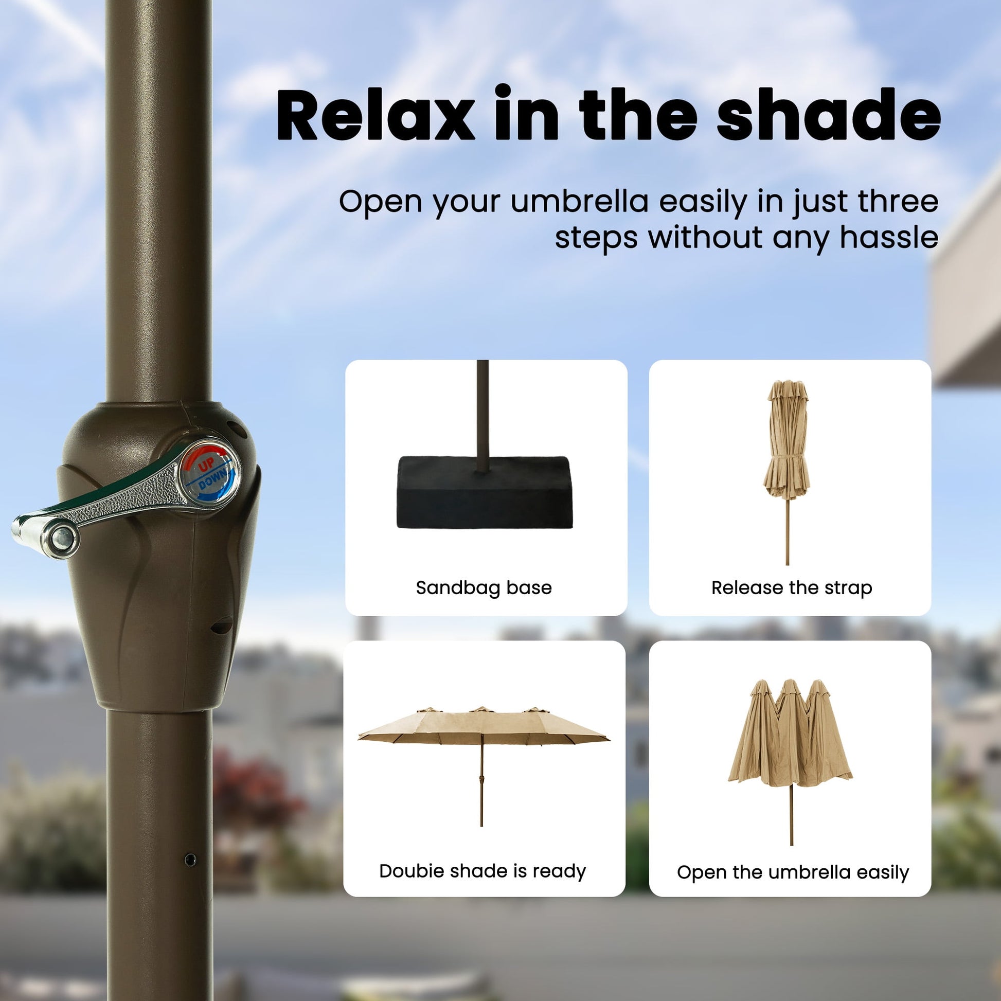 Greforg 15FT Triple Outdoor Patio Umbrella with Base Included & Vented Canopy, Waterproof & UV Protection, Ideal for Garden, Deck, Poolside, and Restaurant Beige