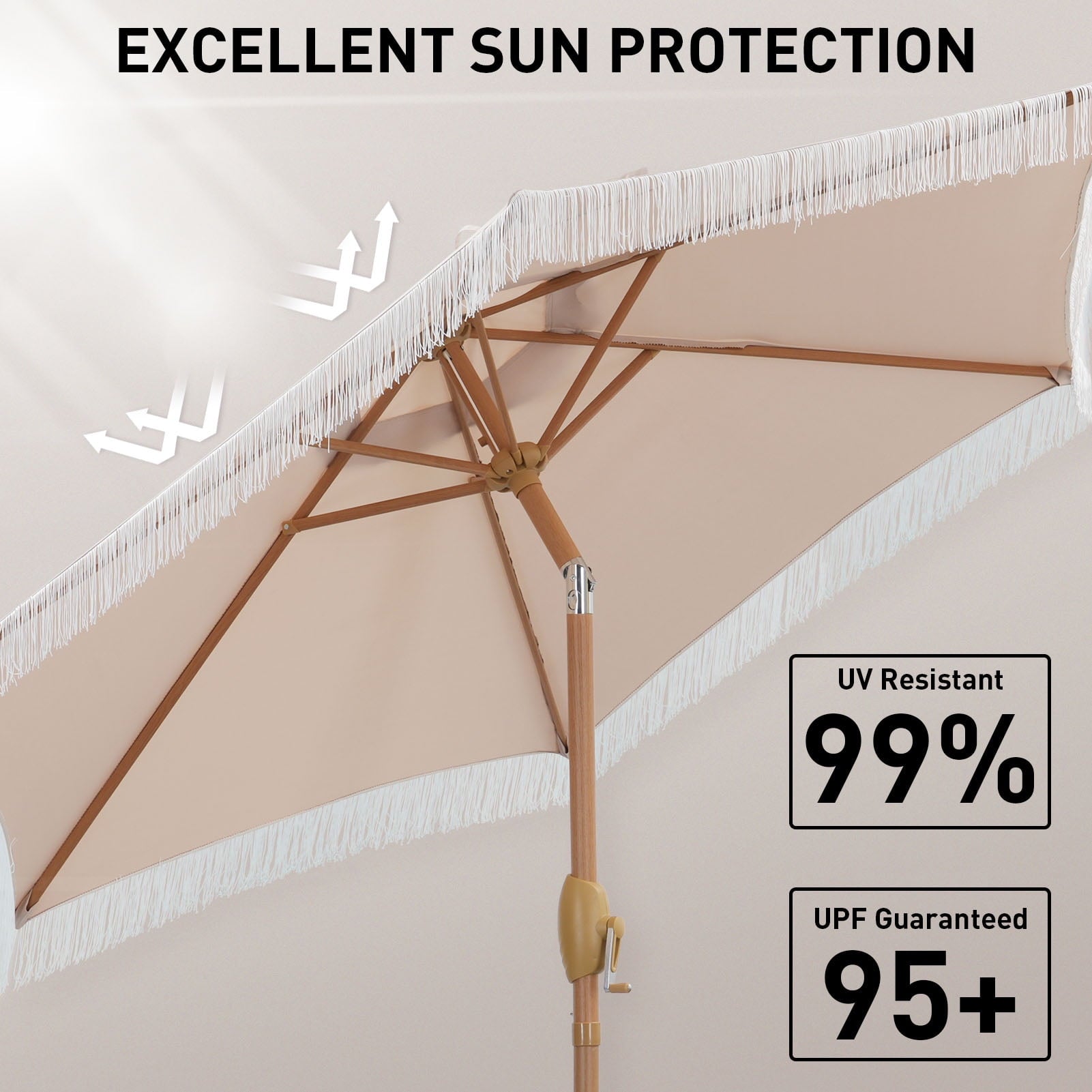 Autlaycil 7.5 ft Fringe Patio Umbrella for Beach, Pool, Adjustable Outdoor Market Umbrellas,Tassel Stylish (Khaki)