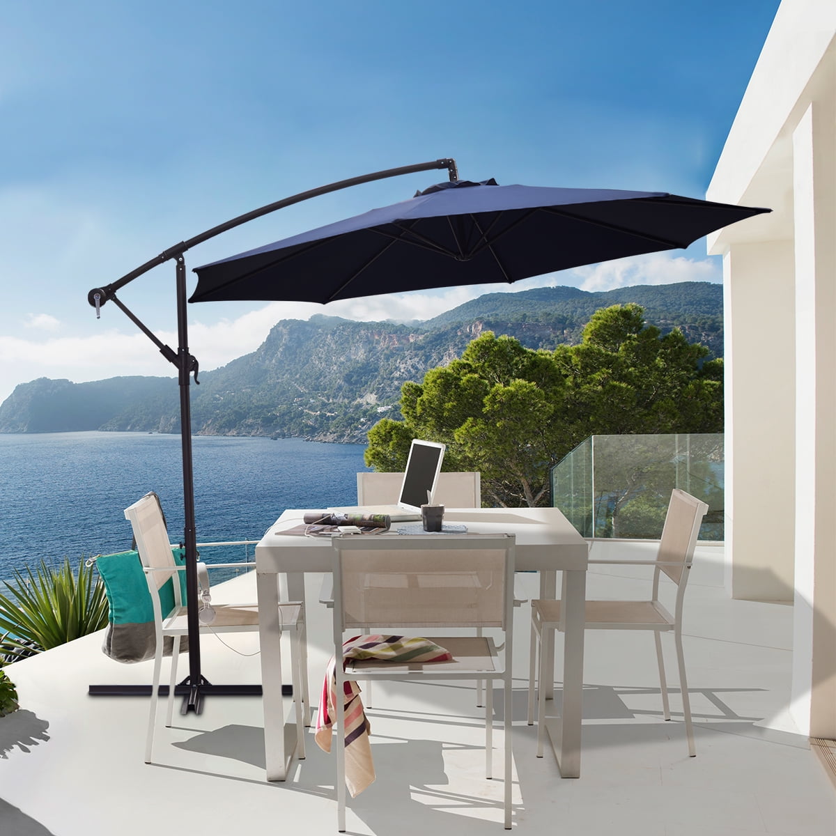 JUSTLET 10ft Offset Hanging Outdoor Cantilever Patio Umbrella for Garden, Navy Blue