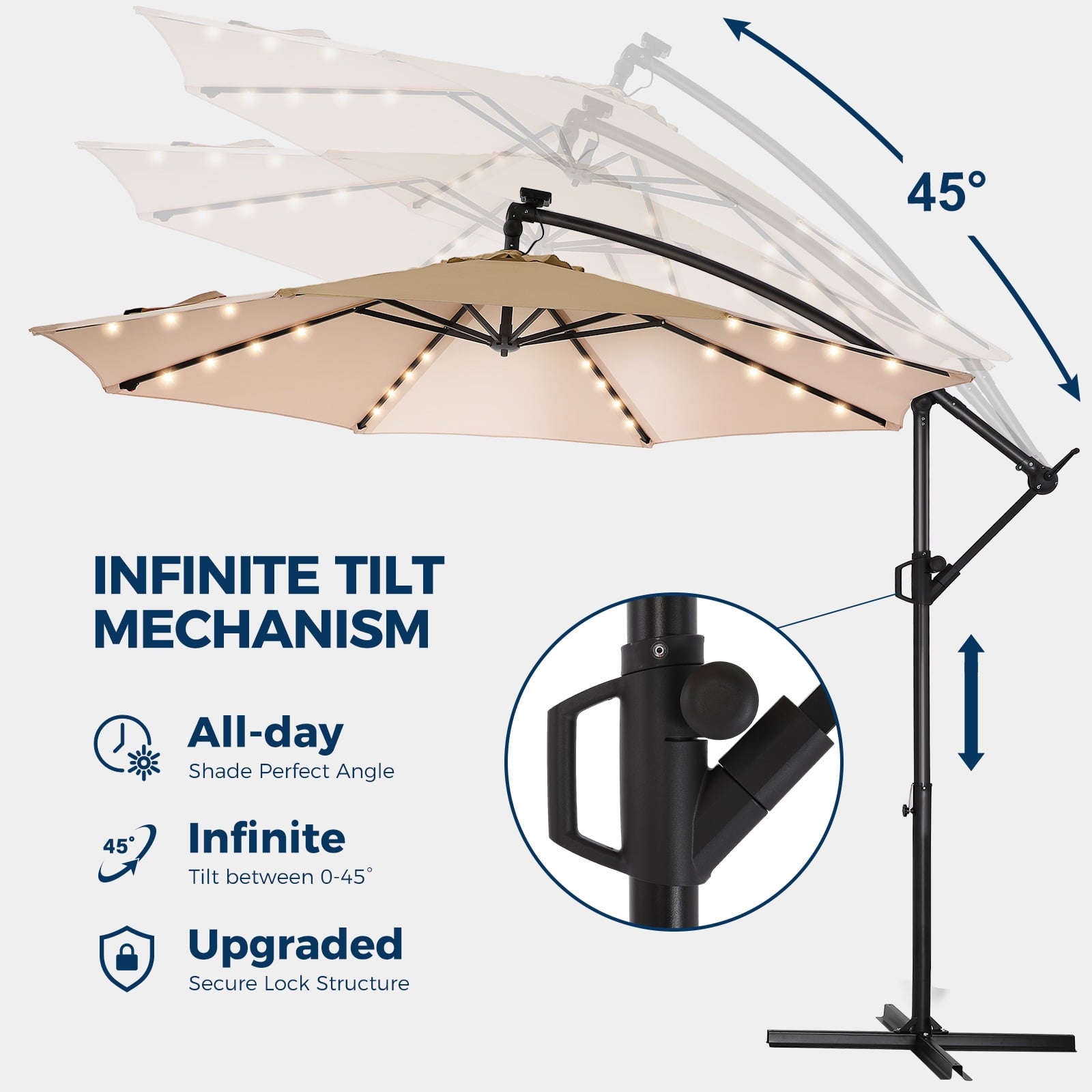 10ft Offset Hanging Market Patio Umbrella with 32 LED Lights and Easy Tilt Adjustment,Polyester Shade,8 Ribs for Backyard,Poolside,Lawn and Garden，Beige