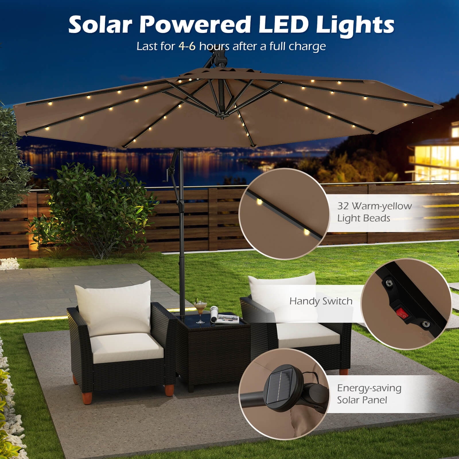 Costway 10 FT Solar Offset Hanging Umbrella Patio Cantilever Umbrella with 32 LED Lights Brown