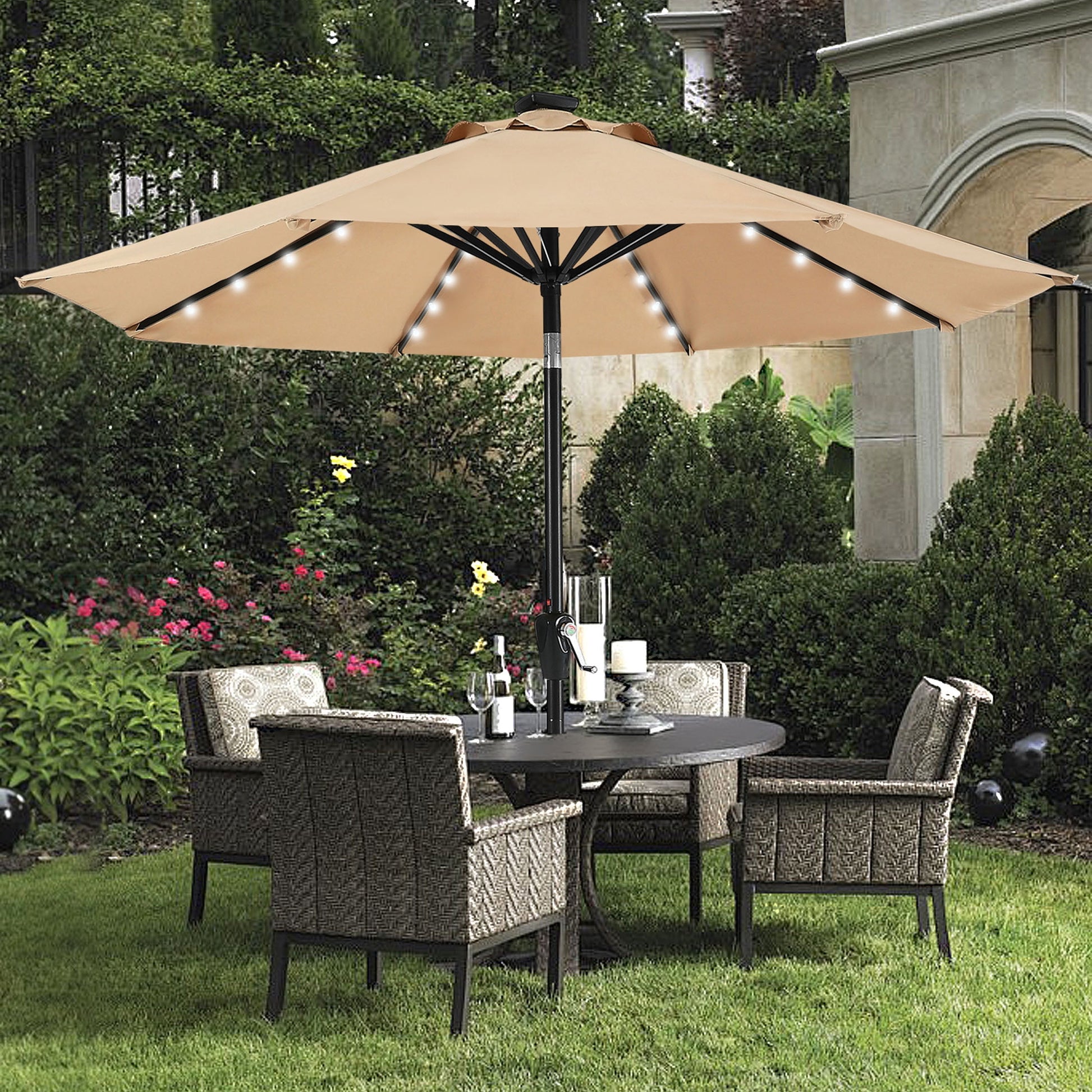 MASTERCANOPY 9ft Solar Patio Umbrella with 32 LED Lights Easy Tilt and Crank 8 Ribs, Khaki