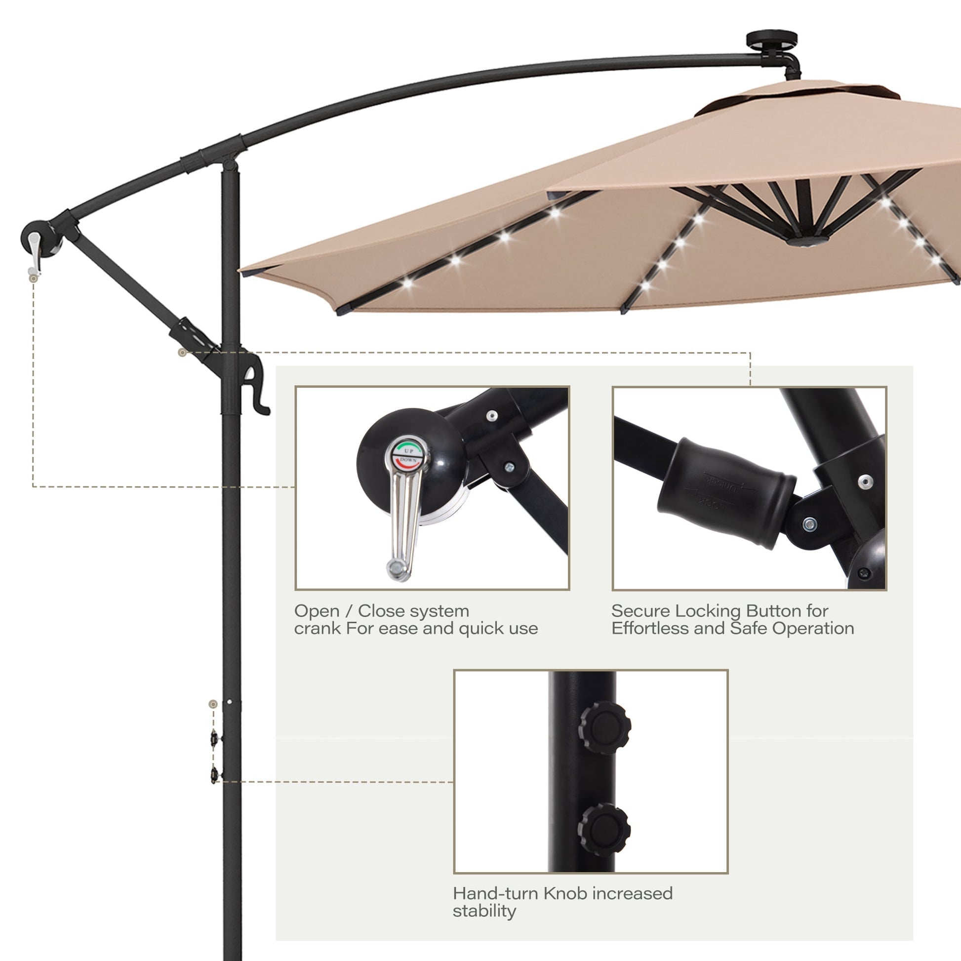 LAUSAINT HOME 10 ft Cantilever Patio Umbrella, Round Outdoor Beige Umbrella with LED Lights