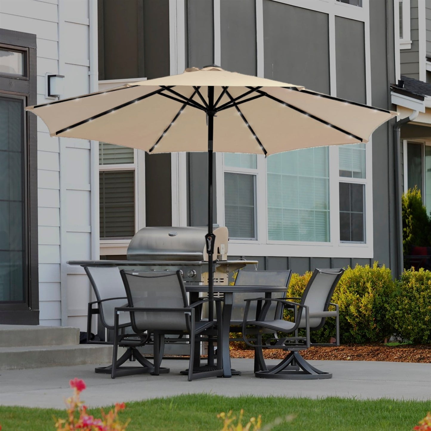 JUSTLET 11' Outdoor Patio Market Solar Umbrella w/ LED Lights, Beige