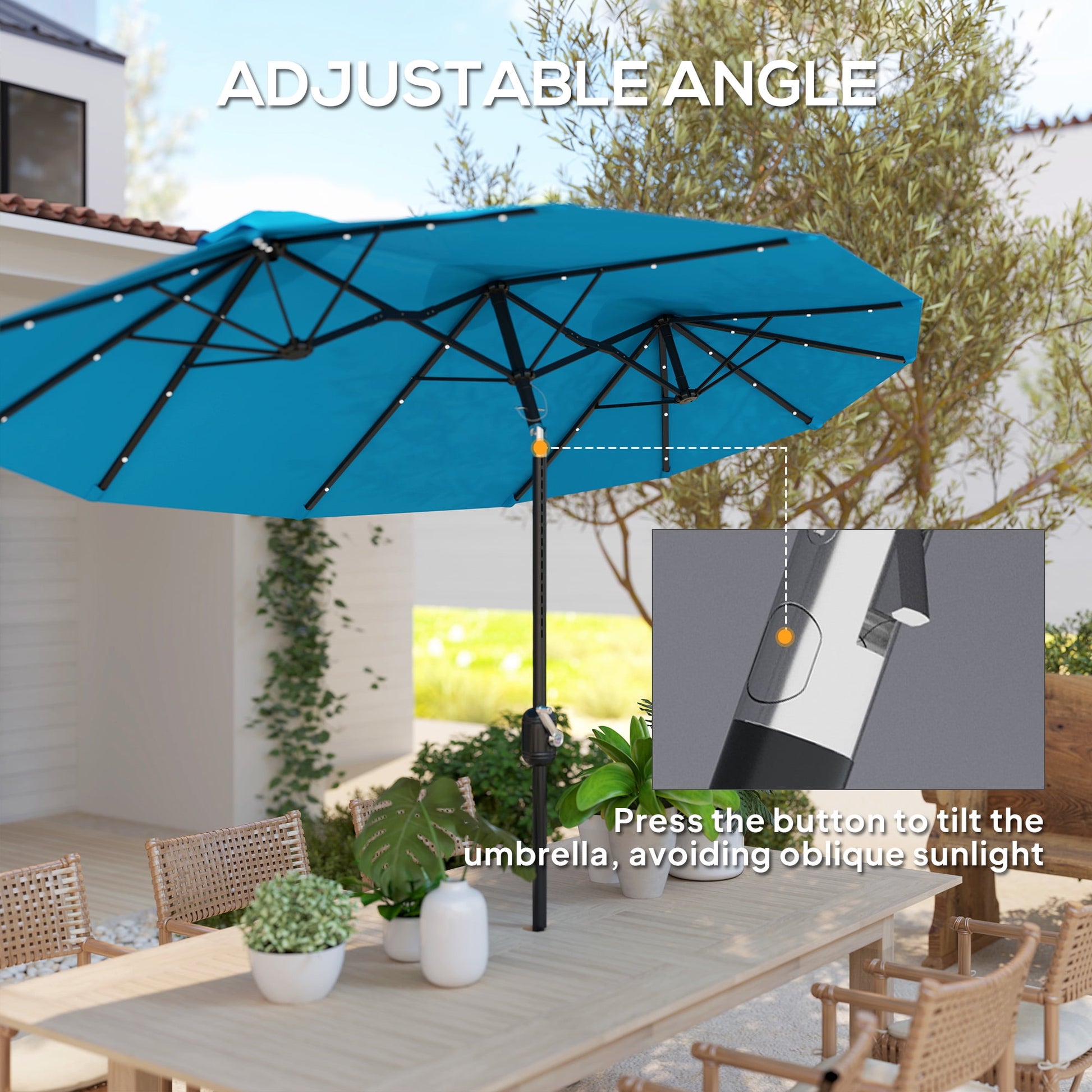 Outsunny 9.7' Double-sided Patio Umbrella with LED Solar Light, Tilt and Crank, Outdoor Umbrella, Light Blue