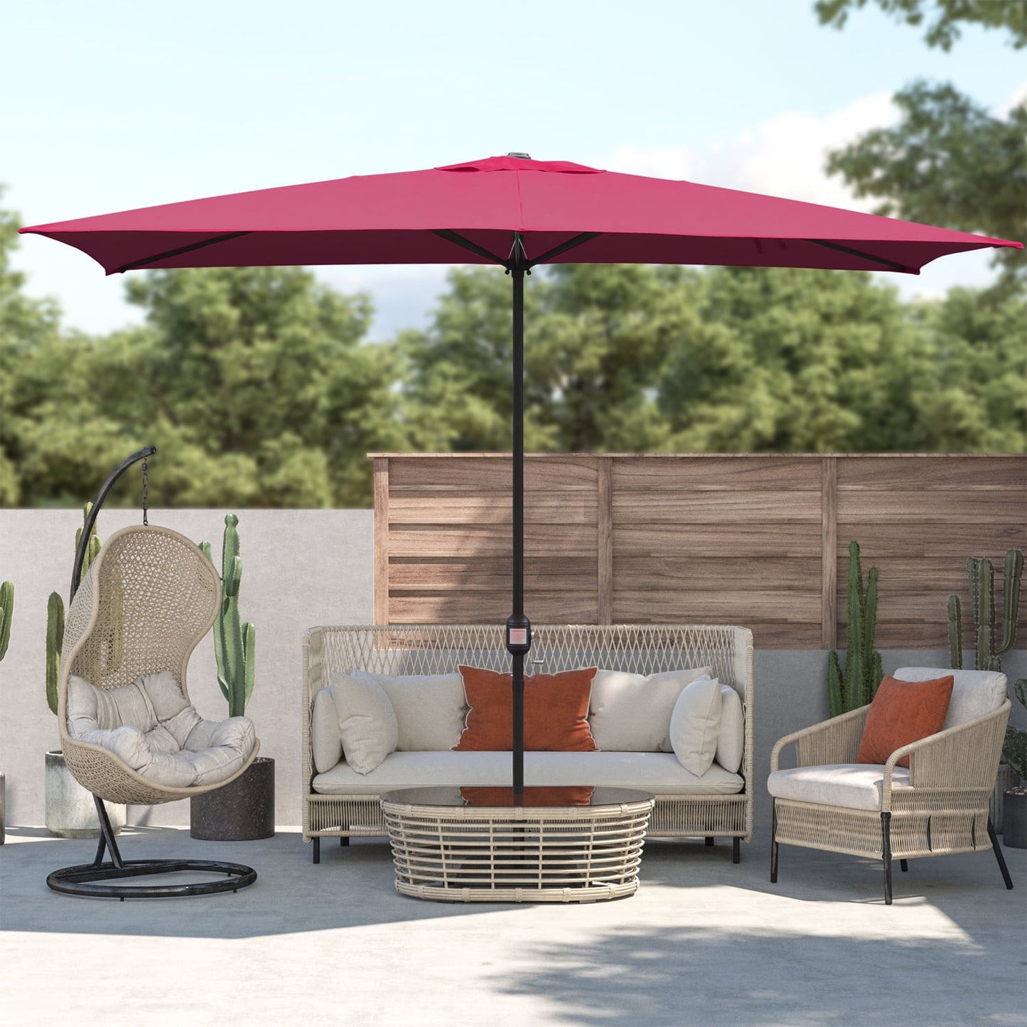 Maypex 10x6.5ft Rectangular Patio Umbrella with Crank Handle, Outdoor Market Umbrella with 6 Sturdy Umbrella Ribs, Waterproof, Burgundy