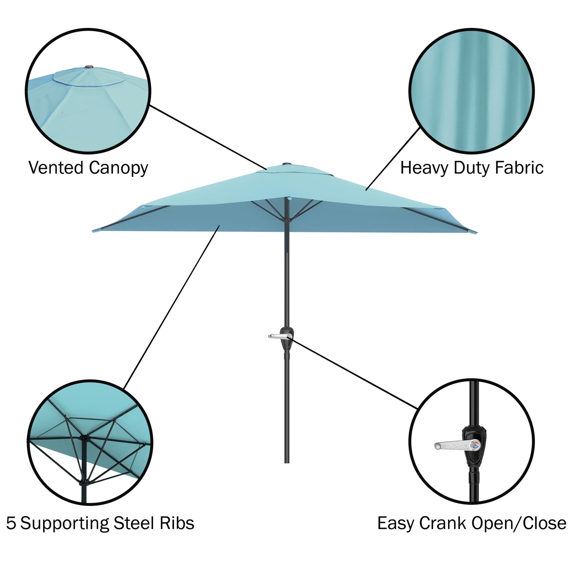 Pure Garden 9ft Half Patio Umbrella – Crank-Open Sun Shade for Balcony, Deck, or Porch, Blue