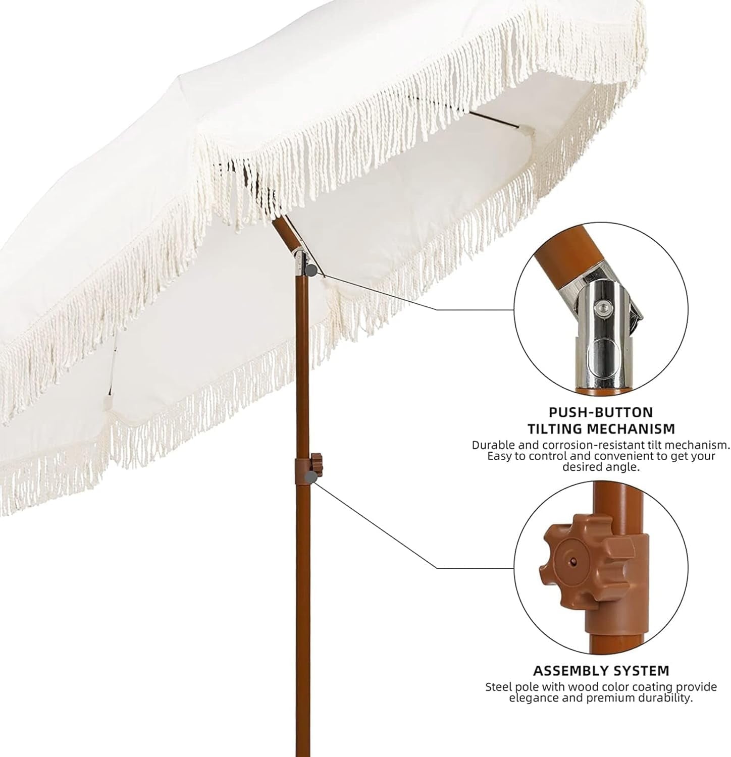 AMMSUN 7ft Fringe Patio Umbrella, Outdoor Table Tassels Umbrella with Push Button Tilt UPF50+ Shade Shelter,Cream White Camping Sun