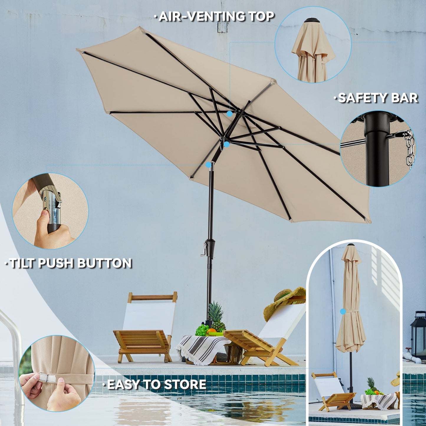JUSTLET 9FT Outdoor Market Patio Umbrella with 8 Reinforced Steel Ribs, Crank Lift, Push Button Tilt, UV-Resistant, Windproof & Waterproof – Beige