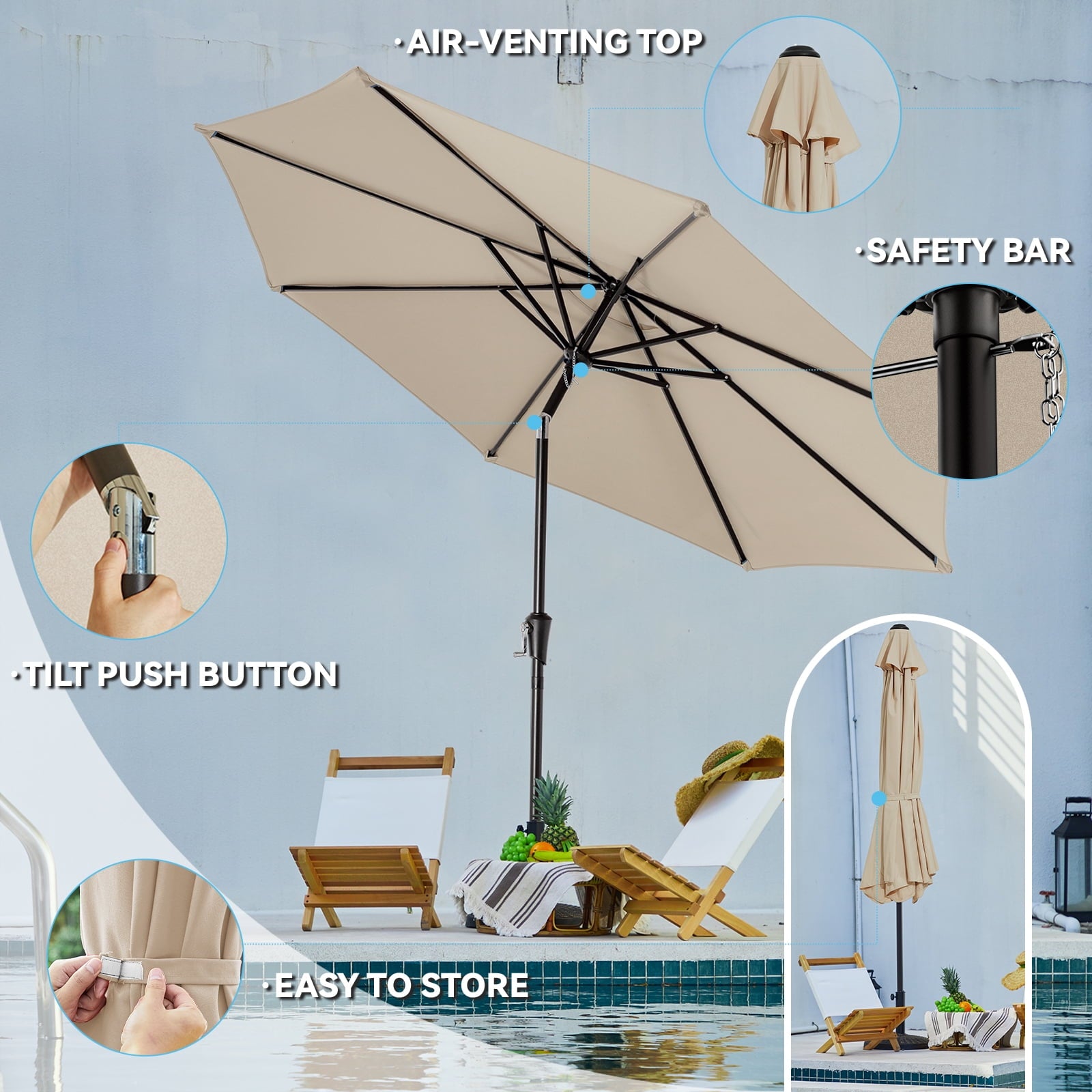 JUSTLET 9FT Outdoor Market Patio Umbrella with 8 Reinforced Steel Ribs, Crank Lift, Push Button Tilt, UV-Resistant, Windproof & Waterproof – Beige