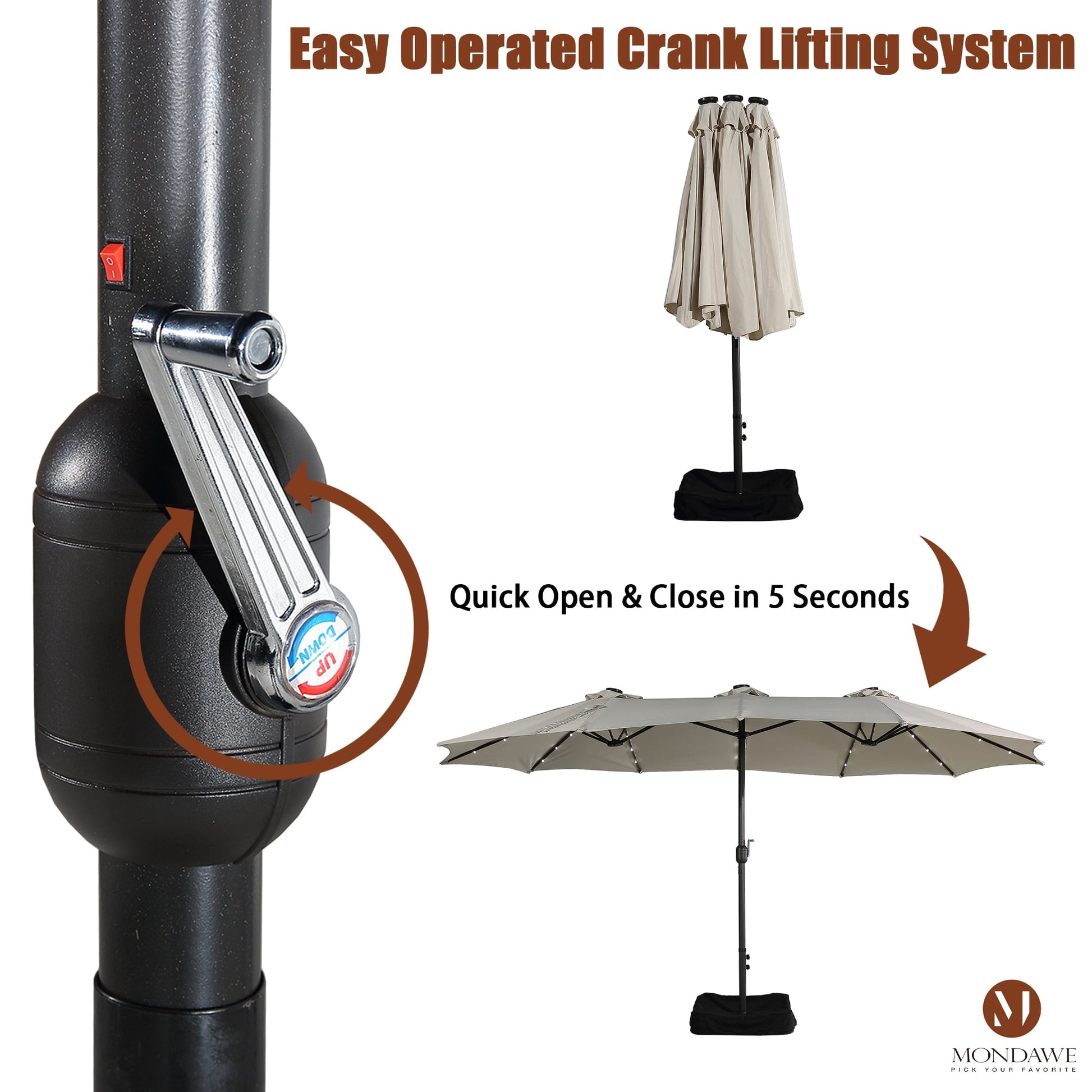 15ft Large Patio Umbrella with Solar Lights, Double-Sided Outdoor Market Rectangle Beach Umbrellas with 36 LED Lights, Umbrella Base (Stand) Included