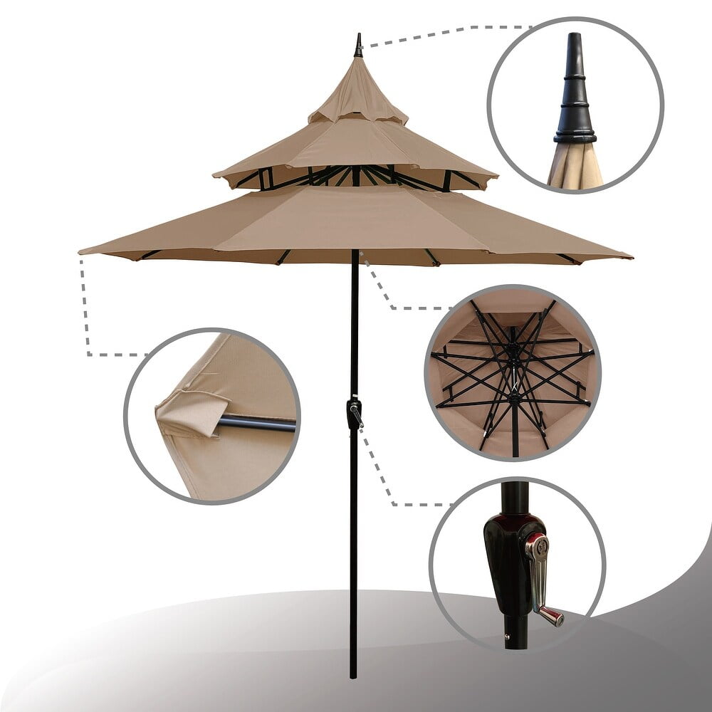 Abble 9ft Patio Umbrella with Crank 3-Tier Pagoda Outdoor Market Umbrella with 8 Ribs for Garden Deck Backyard Pool, Tan