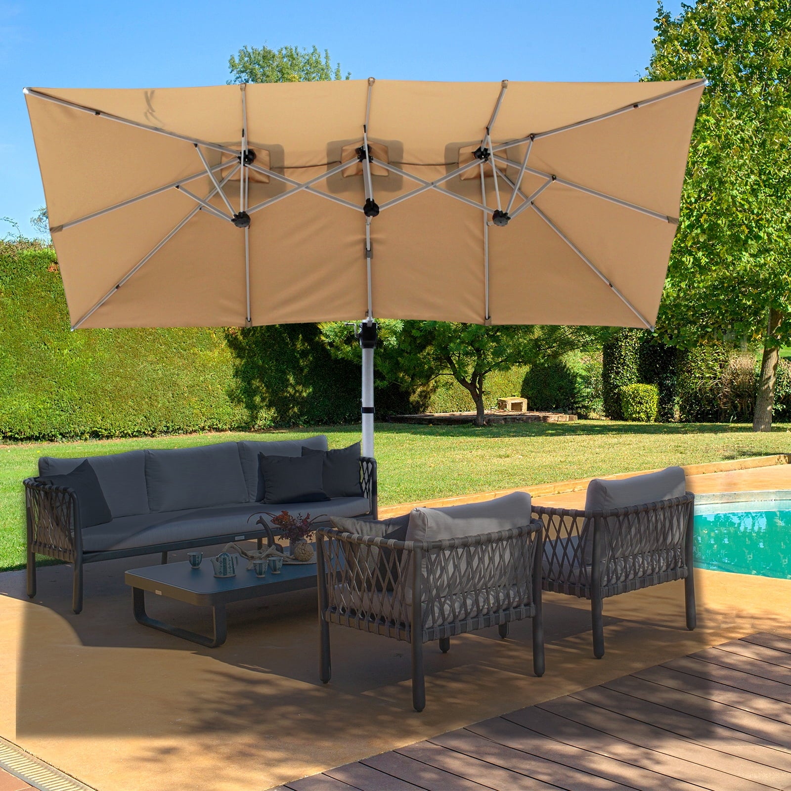 RANSENERS Double Sided Cantilever Patio Umbrella 13 * 8 ft Rectangle Outdoor Offset Umbrella with 360° Rotation and UPF 50+ for Garden Pool Coffeshop - Beige