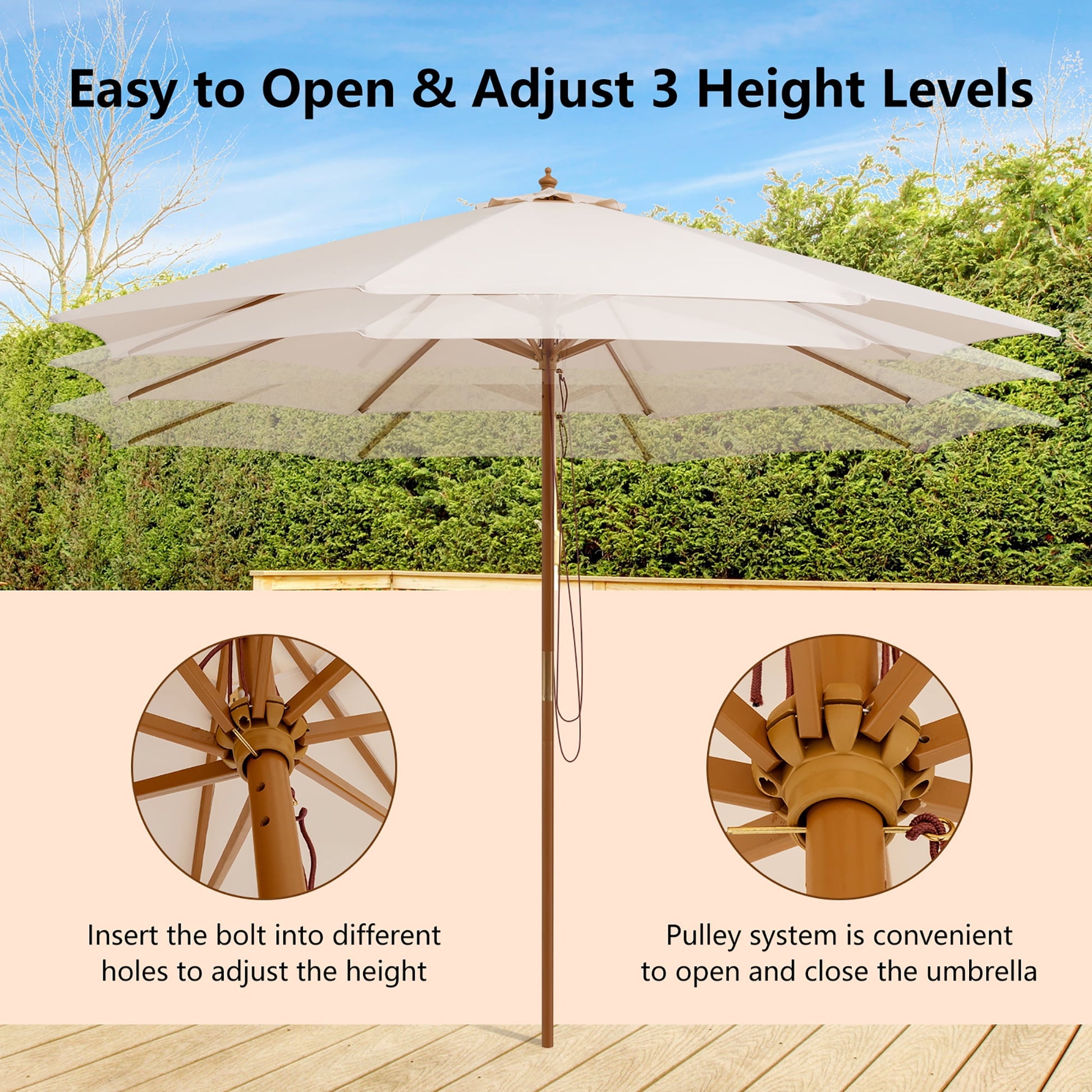 10FT Patio Wooden Market Table Umbrella Pulley w/8 Bamboo Ribs Sunshade Canopy Beige