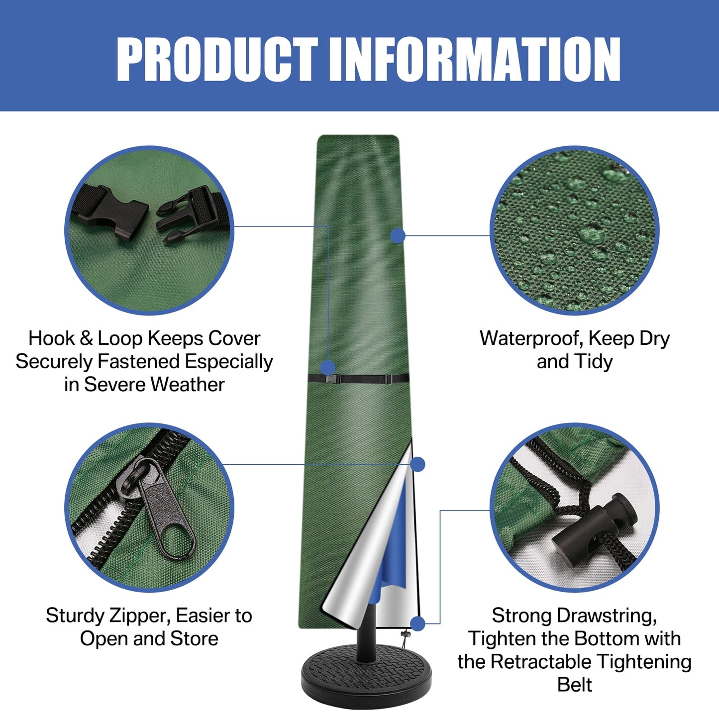 Patio Umbrella Cover for 8ft to 11ft Garden Outdoor Umbrella with Zipper and Rod,Waterproof and Durable,Green