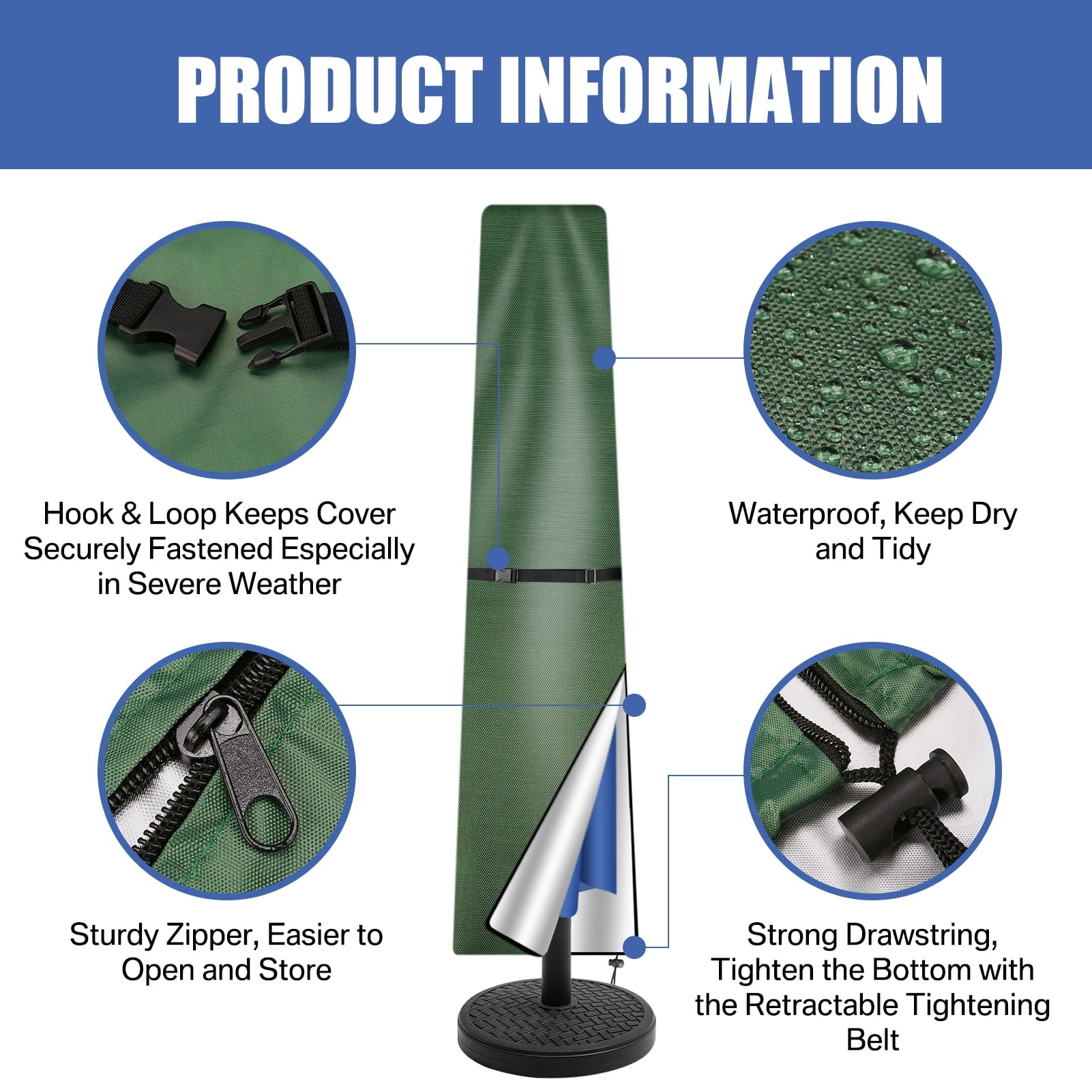 Patio Umbrella Cover for 8ft to 11ft Garden Outdoor Umbrella with Zipper and Rod,Waterproof and Durable,Green
