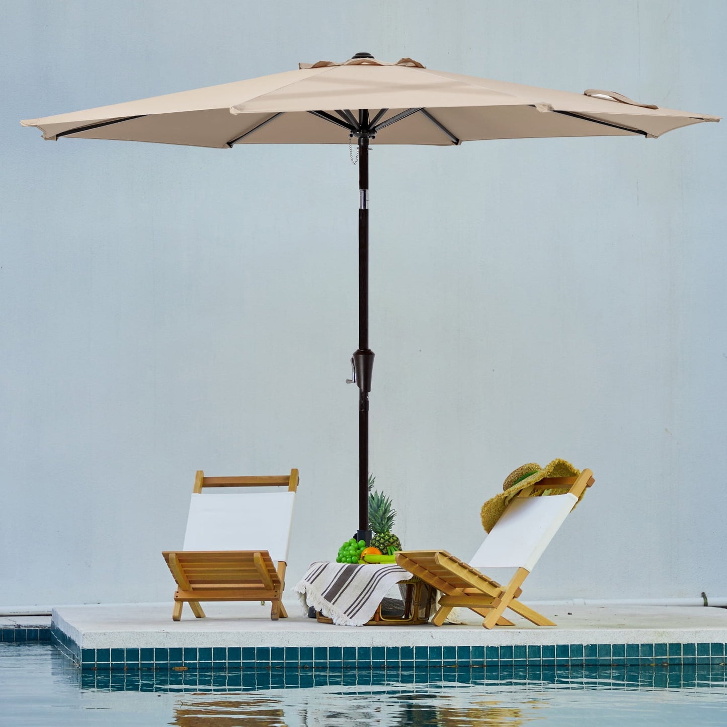 JUSTLET 9FT Outdoor Market Patio Umbrella with 8 Reinforced Steel Ribs, Crank Lift, Push Button Tilt, UV-Resistant, Windproof & Waterproof – Beige