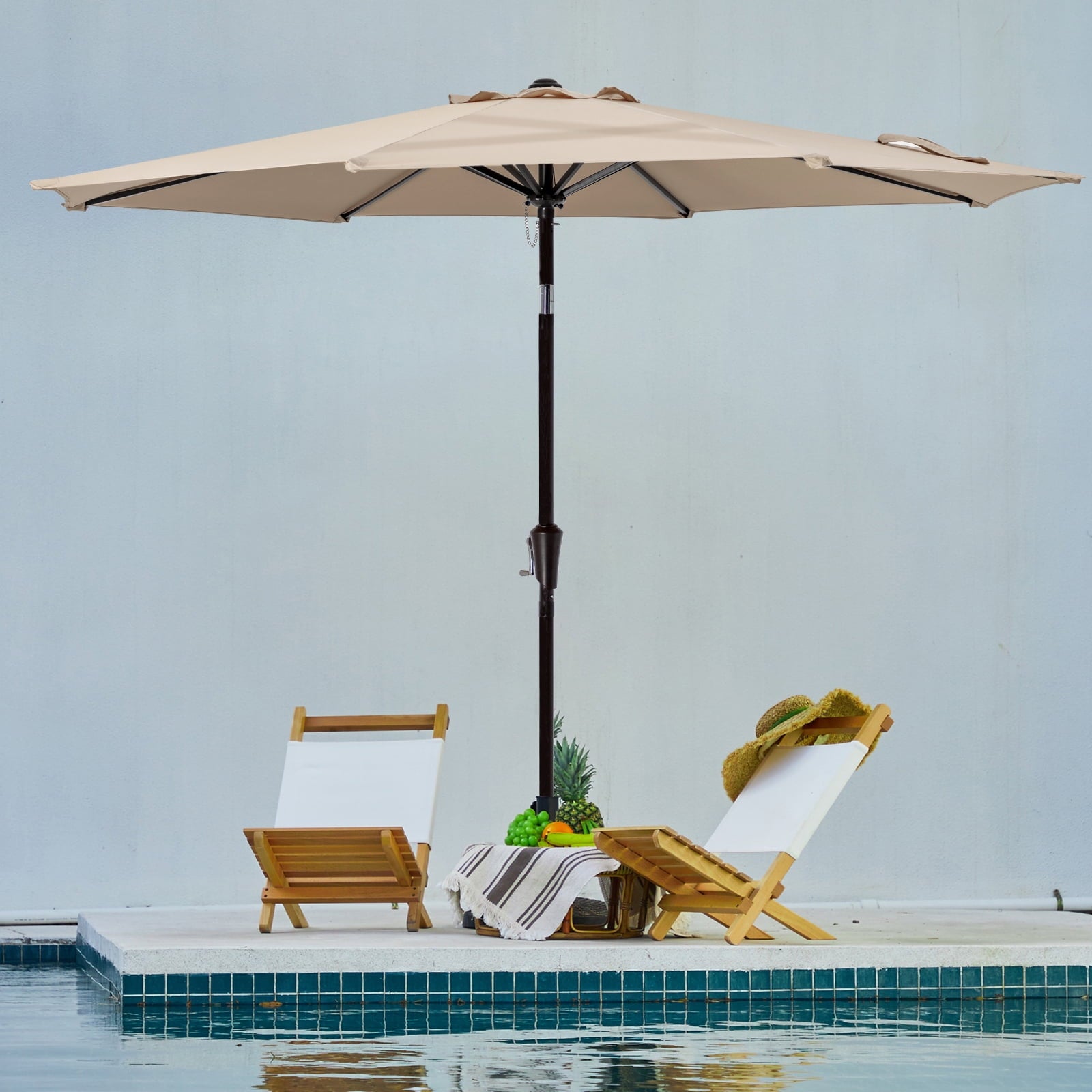 JUSTLET 9FT Outdoor Market Patio Umbrella with 8 Reinforced Steel Ribs, Crank Lift, Push Button Tilt, UV-Resistant, Windproof & Waterproof – Beige