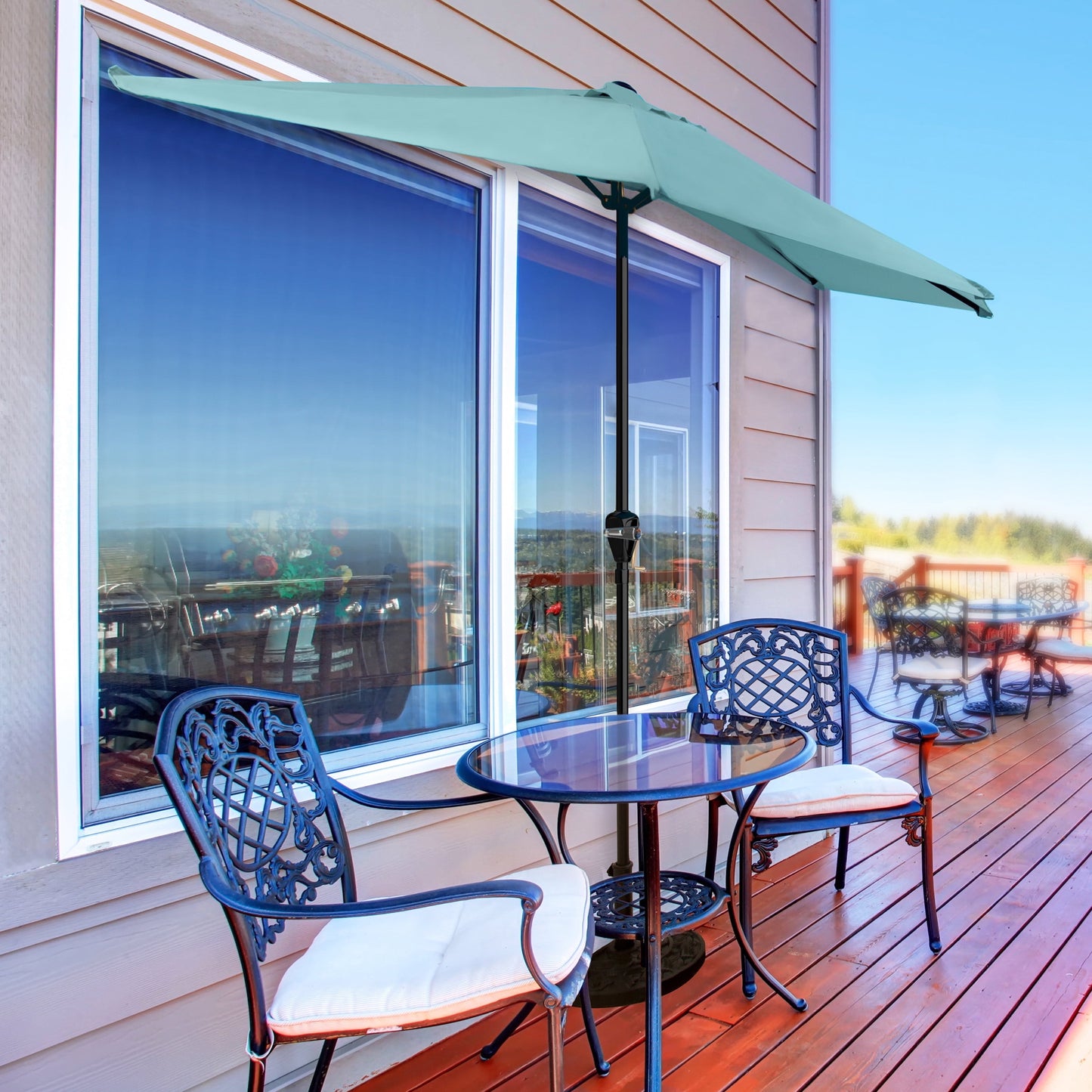 Pure Garden 9ft Half Patio Umbrella – Crank-Open Sun Shade for Balcony, Deck, or Porch, Blue