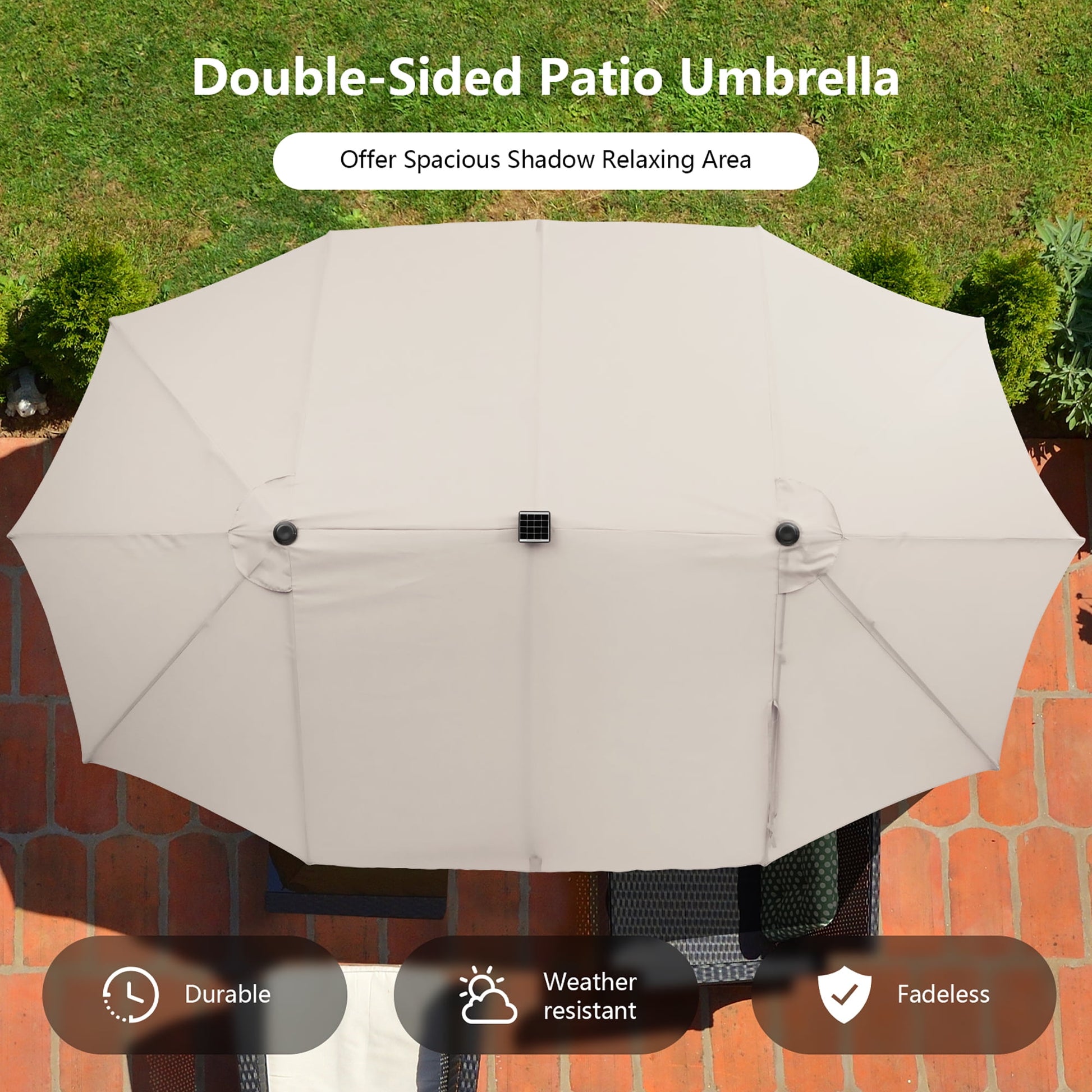 Costway 15FT Twin Patio Double-Sided Umbrella 48 Solar LED Lights Crank Outdoor Beige