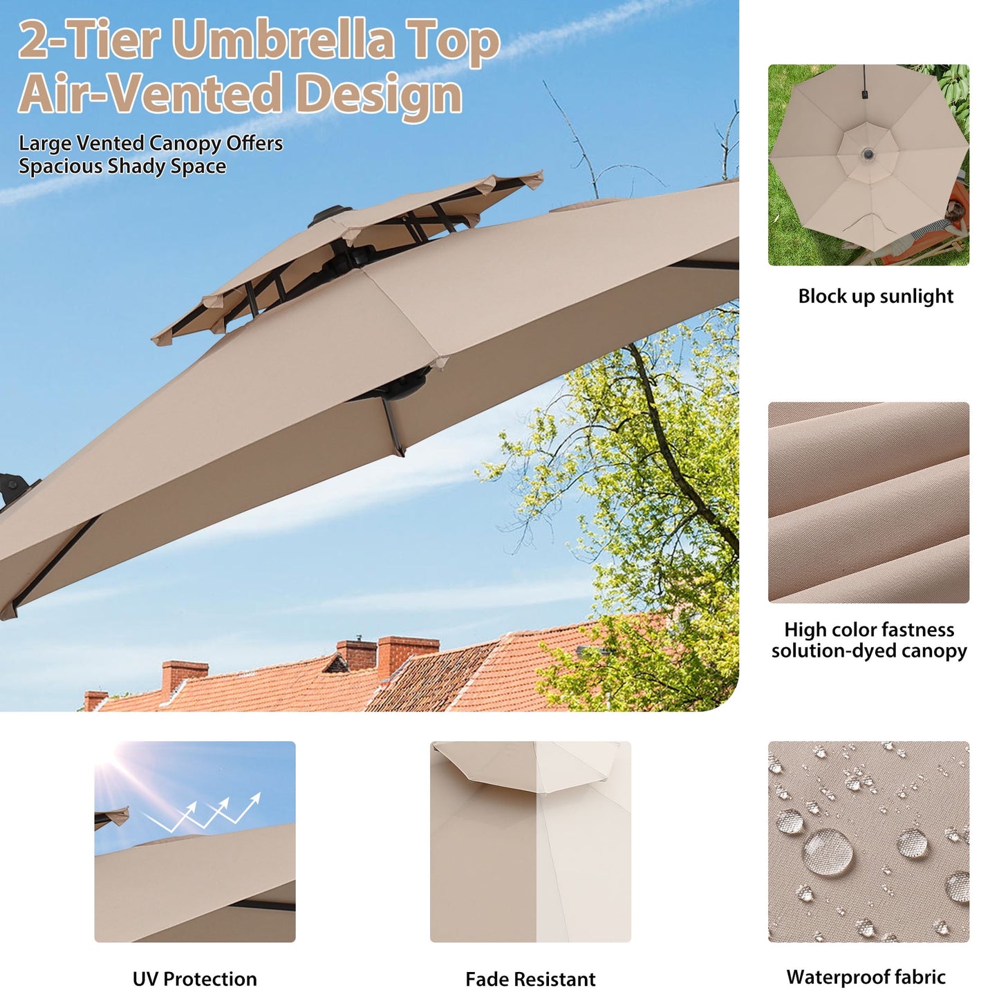 Autlaycil 10 FT Aluminum Offset Outdoor Cantilever Umbrella with 360-degree Rotation, 2-Tier Patio Umbrella, Khaki